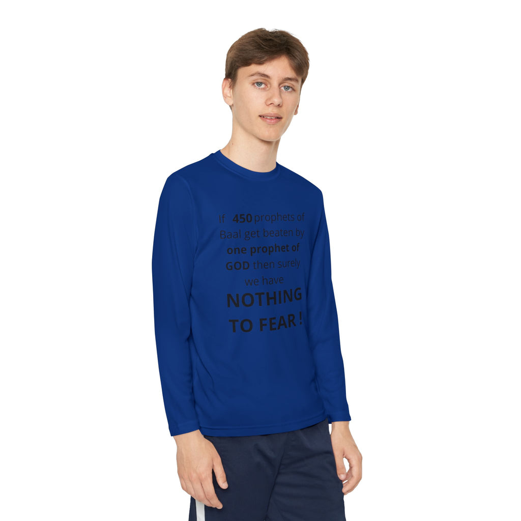 Youth Long Sleeve Tee — "Nothing to Fear" (1 Kings 18:27) — Kid-Designed Christian Tee