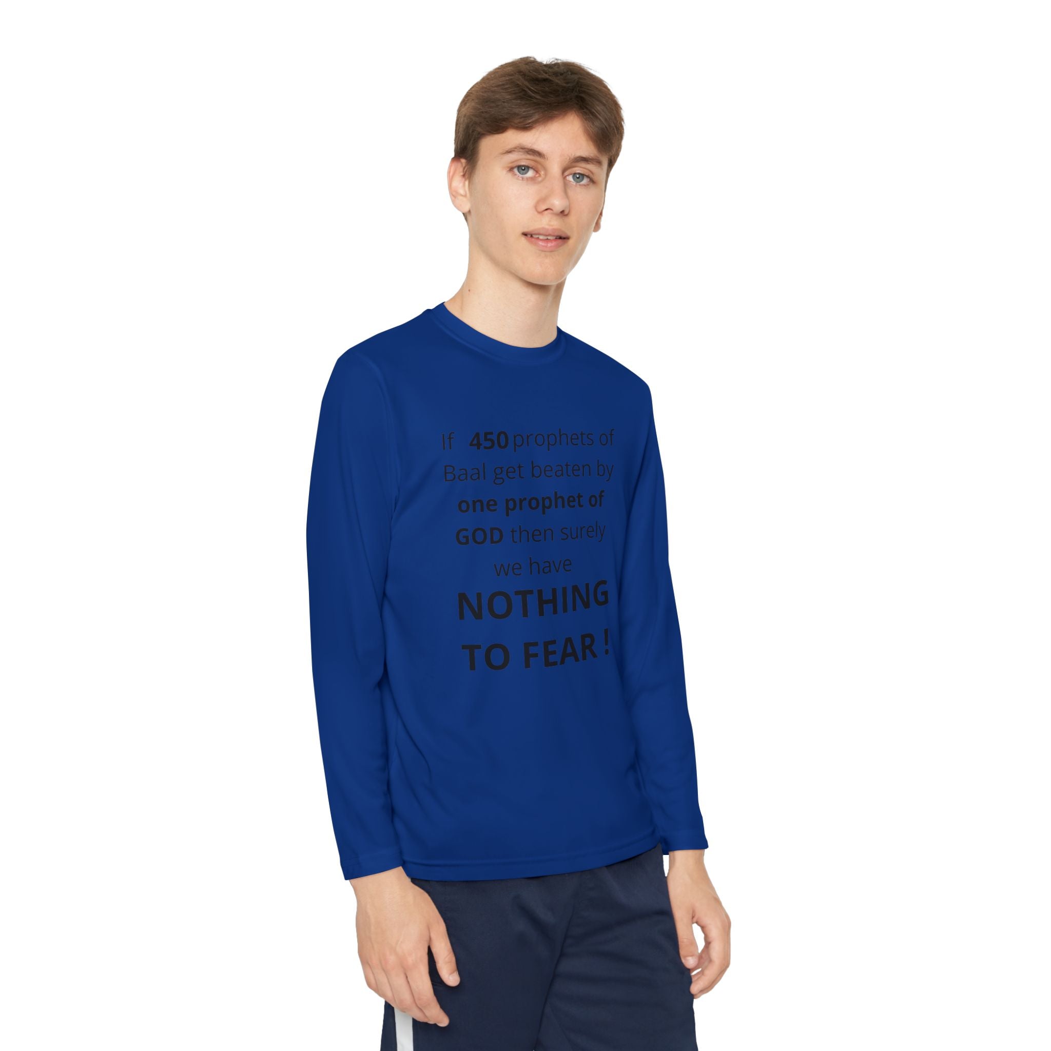 Youth Long Sleeve Tee — "Nothing to Fear" (1 Kings 18:27) — Kid-Designed Christian Tee