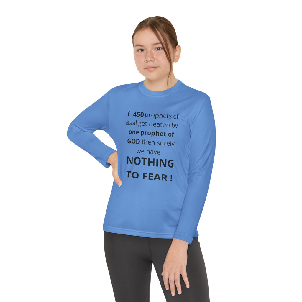 Youth Long Sleeve Tee — "Nothing to Fear" (1 Kings 18:27) — Kid-Designed Christian Tee