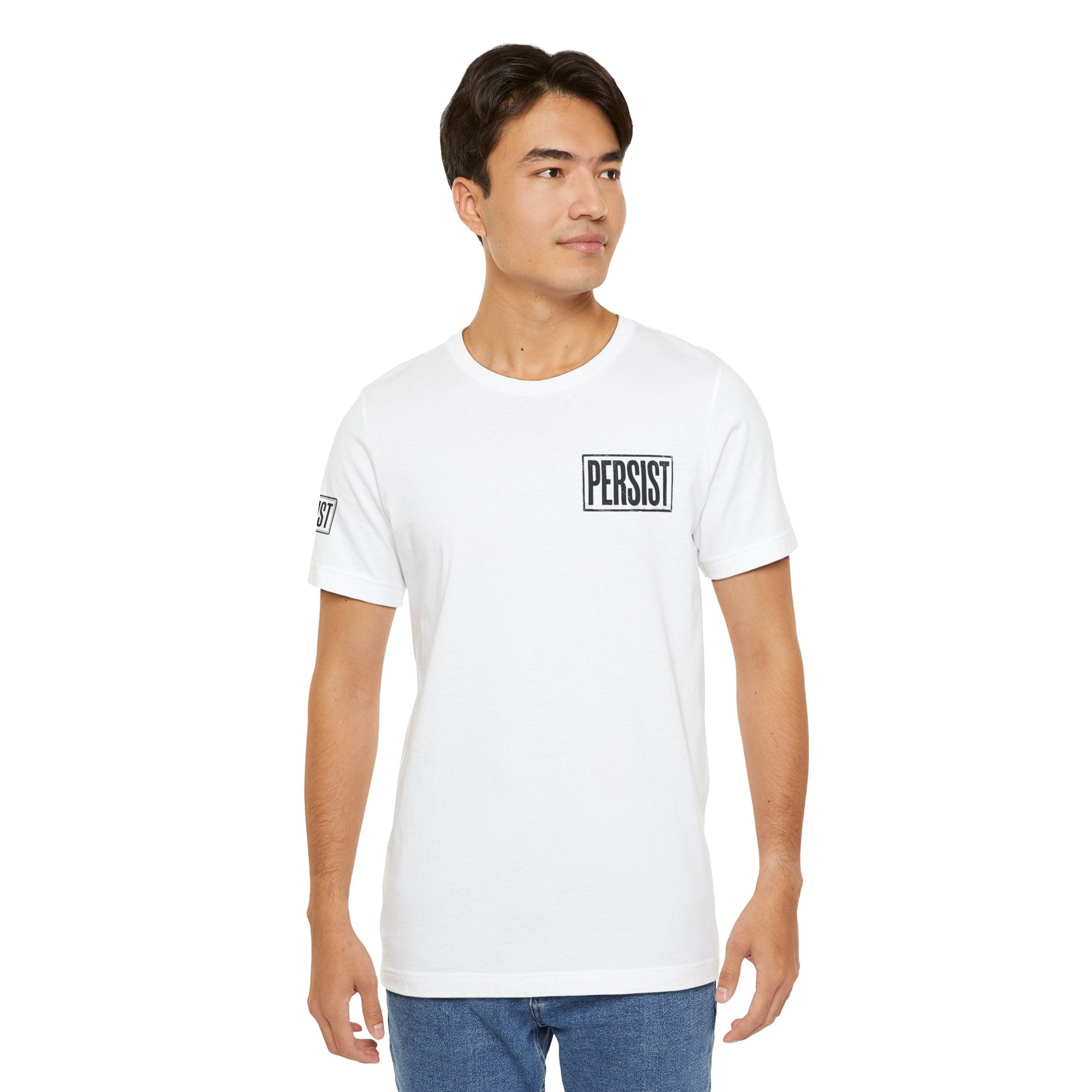 Persist Minimalist T-Shirt — Motivational Chest & Sleeve Graphic Tee