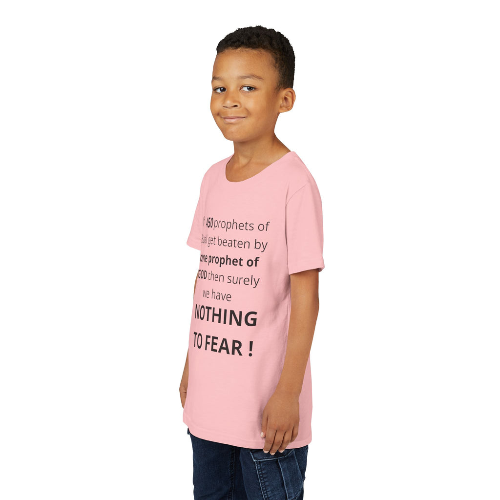 Youth T-Shirt — 1 Kings 18:27 “Don’t Fear Our God Is Strong” (Designed by 12-Year-Old)