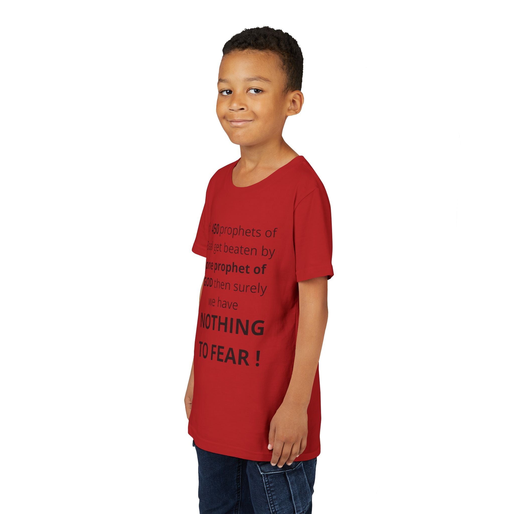 Youth T-Shirt — 1 Kings 18:27 “Don’t Fear Our God Is Strong” (Designed by 12-Year-Old)