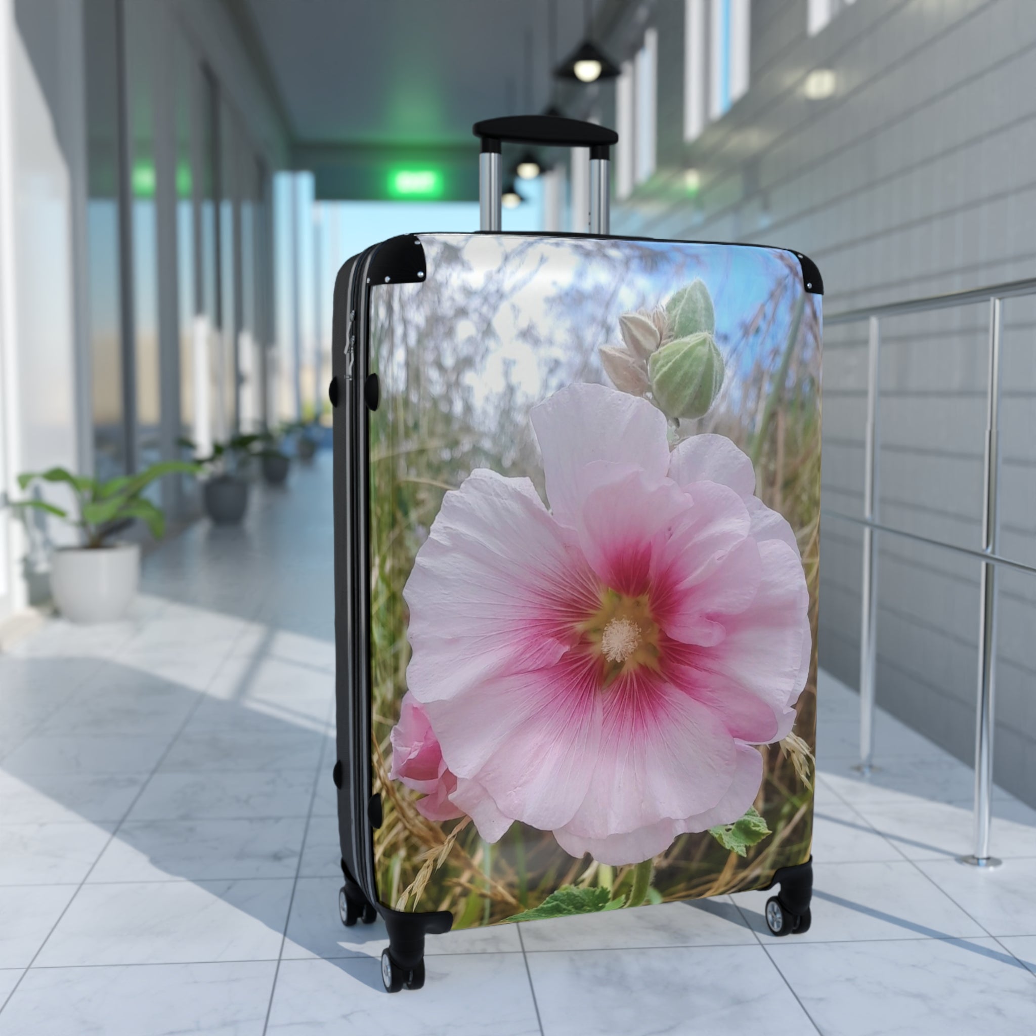 Pink Hollyhock Floral Suitcase – Soft Pastel Flower Carry-On Luggage