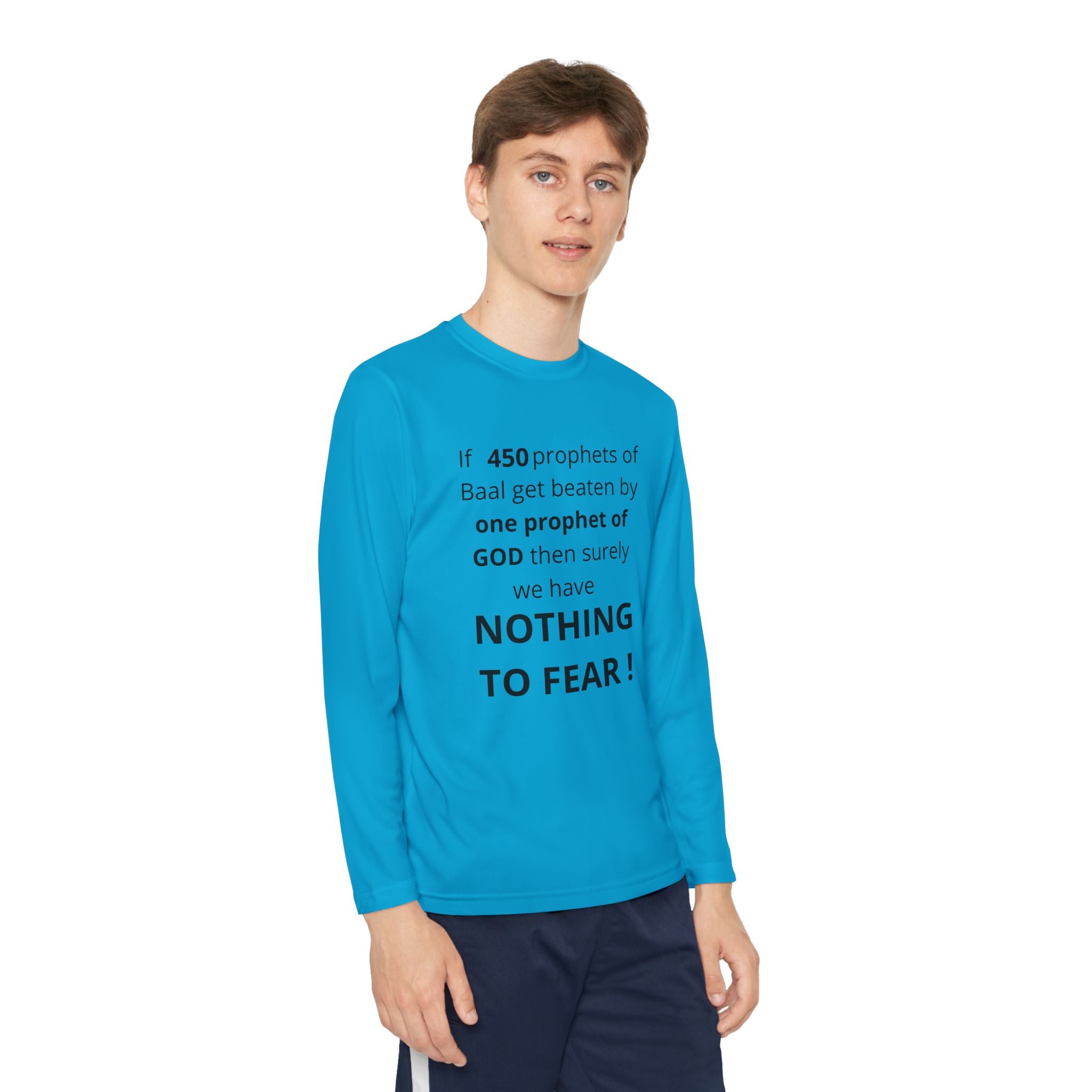 Youth Long Sleeve Tee — "Nothing to Fear" (1 Kings 18:27) — Kid-Designed Christian Tee