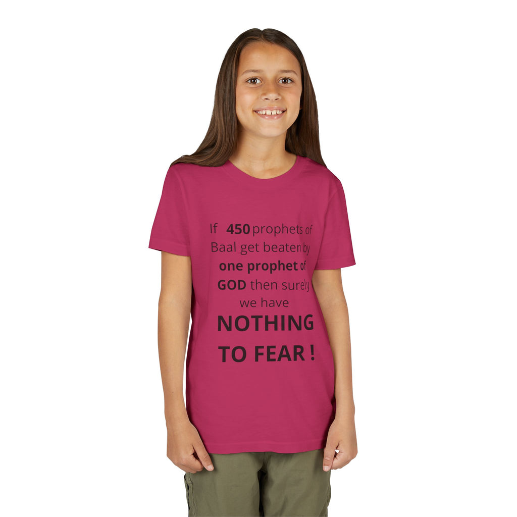 Youth T-Shirt — 1 Kings 18:27 “Don’t Fear Our God Is Strong” (Designed by 12-Year-Old)