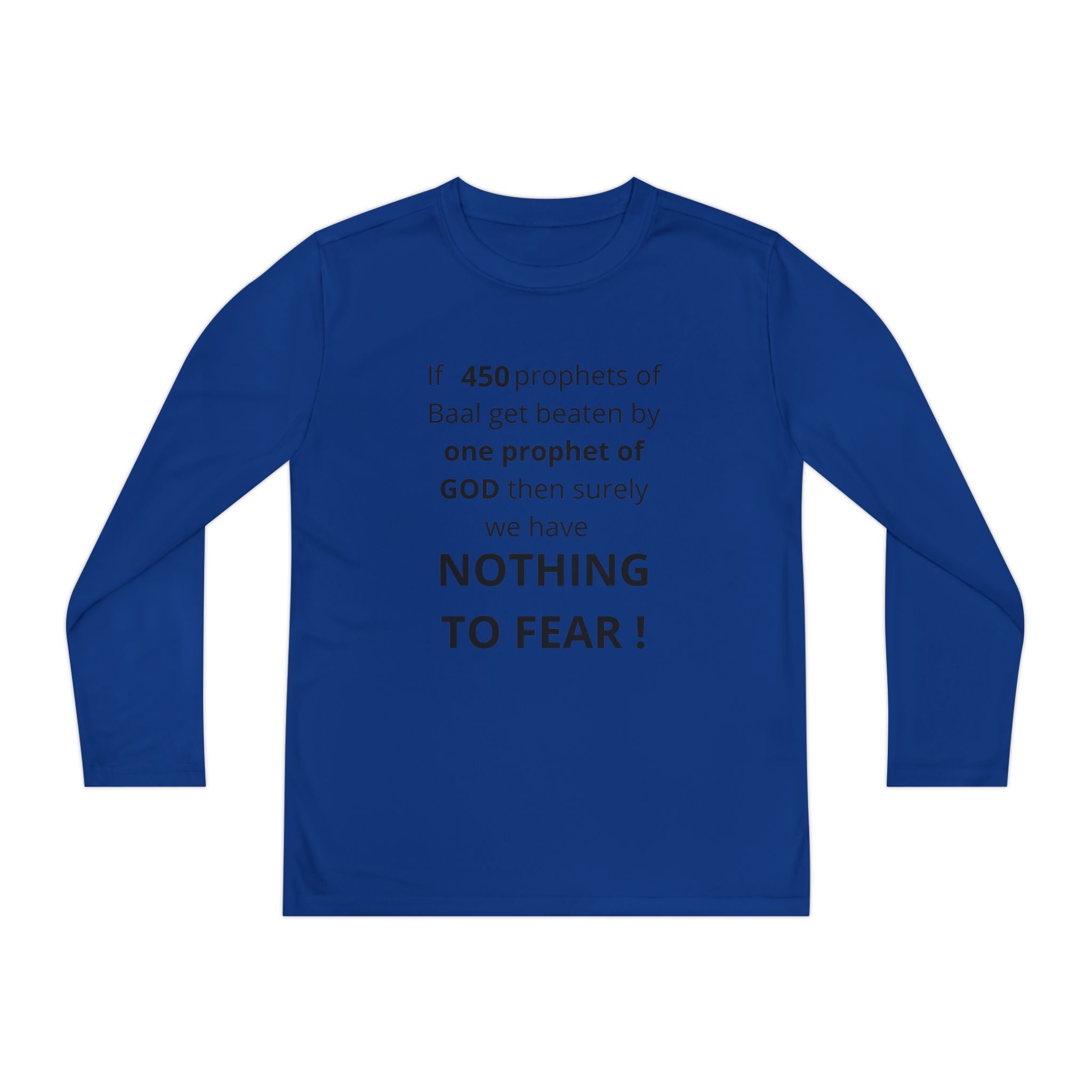 Youth Long Sleeve Tee — "Nothing to Fear" (1 Kings 18:27) — Kid-Designed Christian Tee