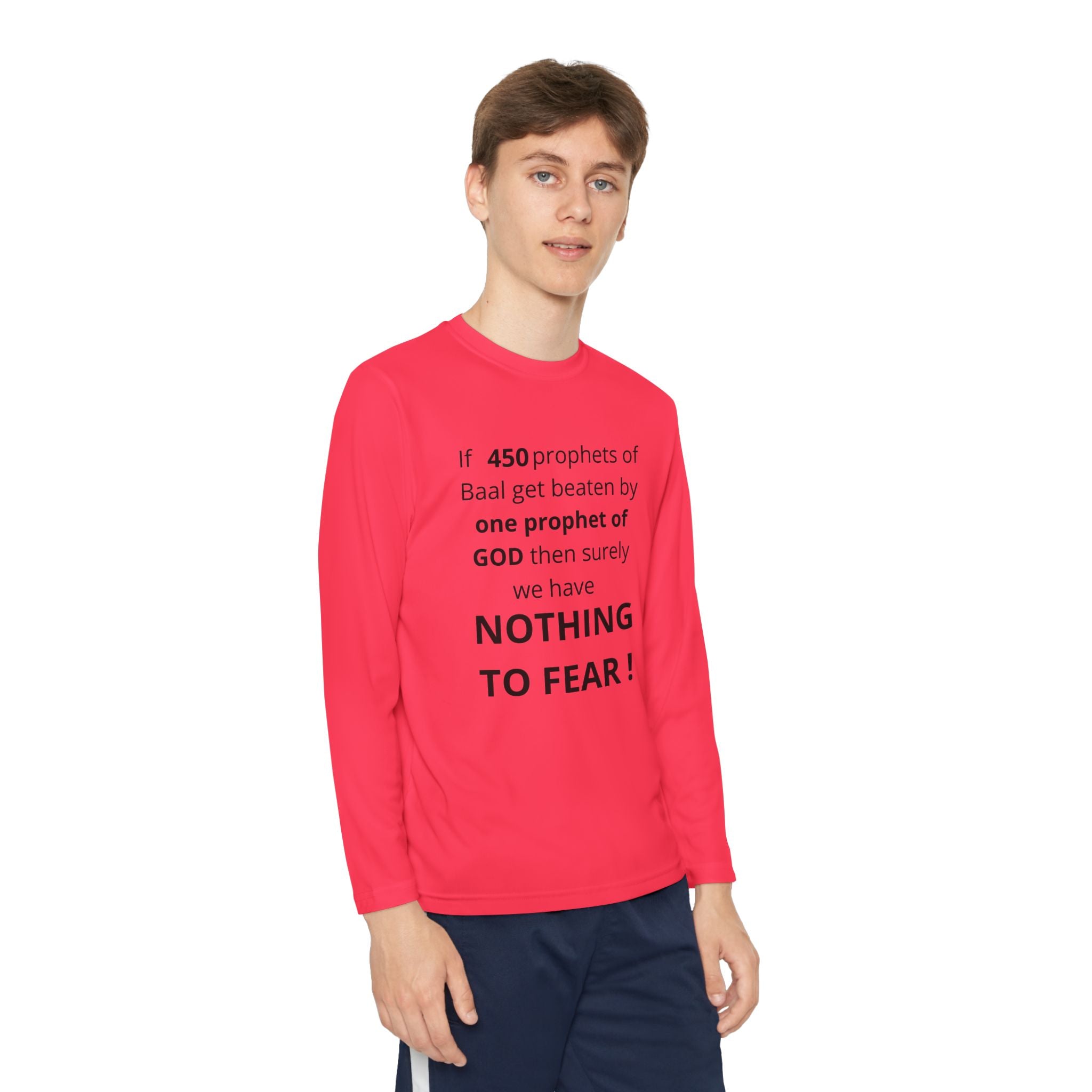 Youth Long Sleeve Tee — "Nothing to Fear" (1 Kings 18:27) — Kid-Designed Christian Tee