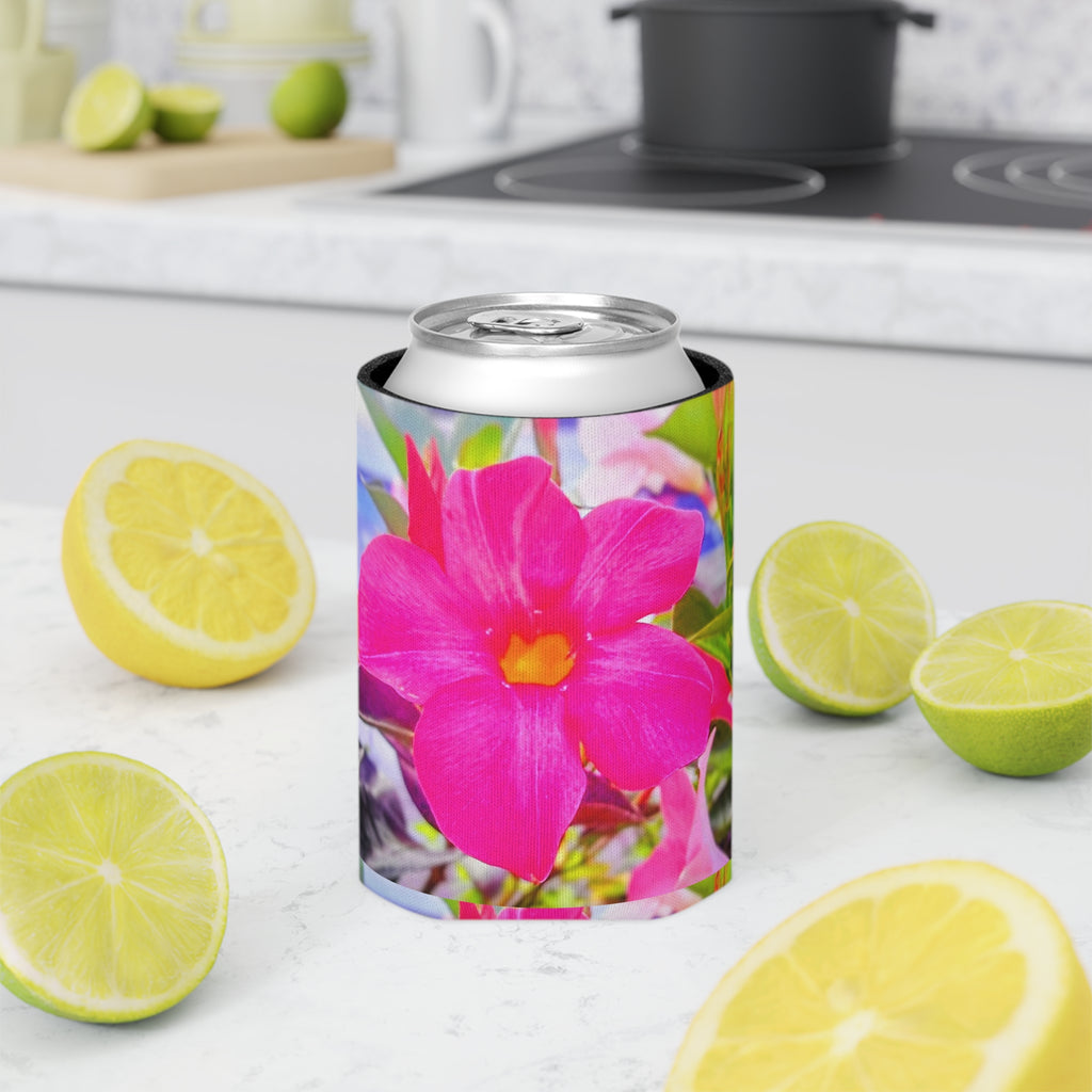 Pink Mandevilla Floral Can Cooler — Tropical Flower Drink Koozie