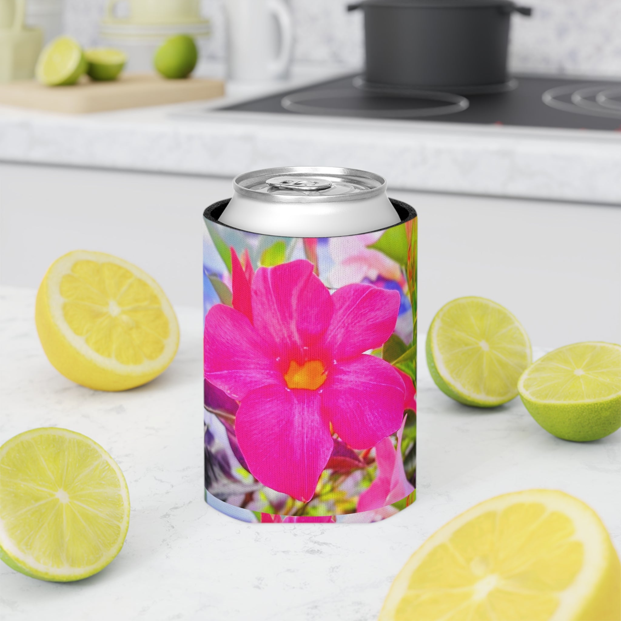 Pink Mandevilla Floral Can Cooler — Tropical Flower Drink Koozie