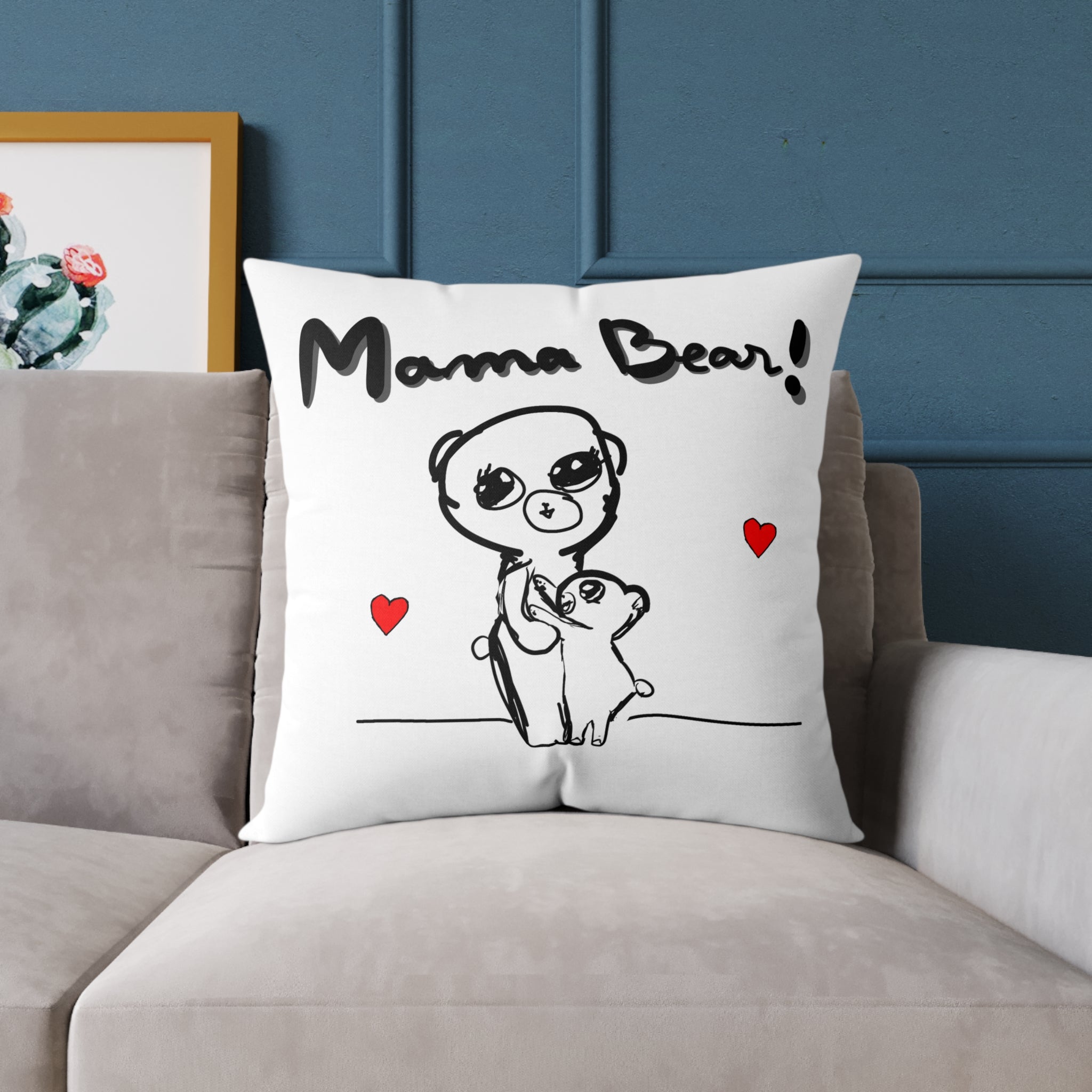 Mama Bear Square Pillow – Cute Mom & Baby Bear Canvas Throw Pillow, Mother’s Day Gift