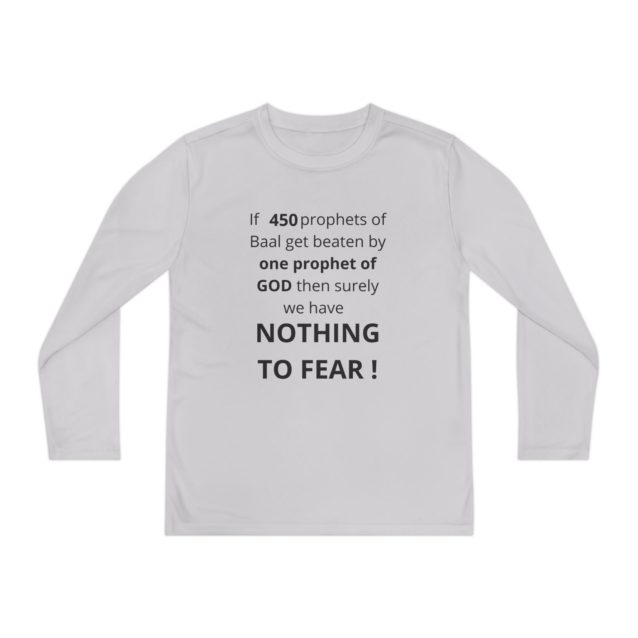 Youth Long Sleeve Tee — "Nothing to Fear" (1 Kings 18:27) — Kid-Designed Christian Tee