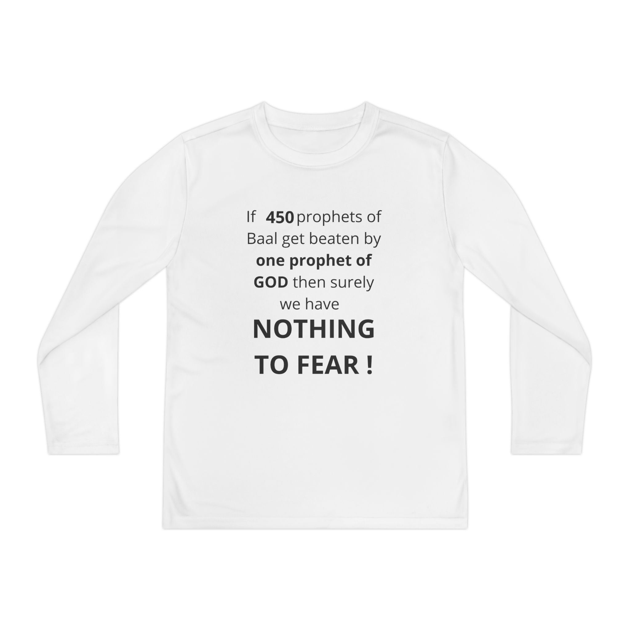 Youth Long Sleeve Tee — "Nothing to Fear" (1 Kings 18:27) — Kid-Designed Christian Tee