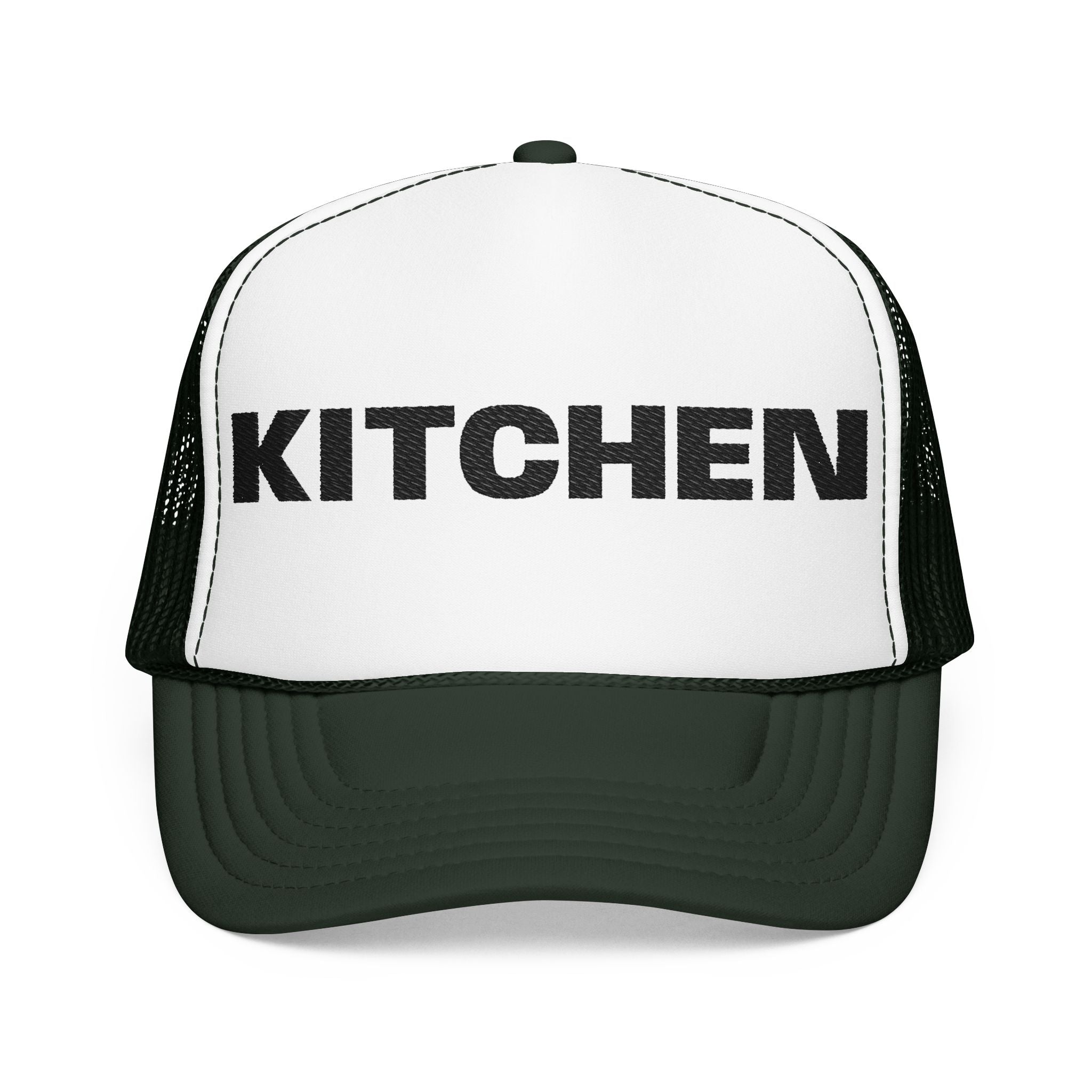 Kitchen Trucker Hat — Retro Foam Front Cap with Bold 'KITCHEN' Text