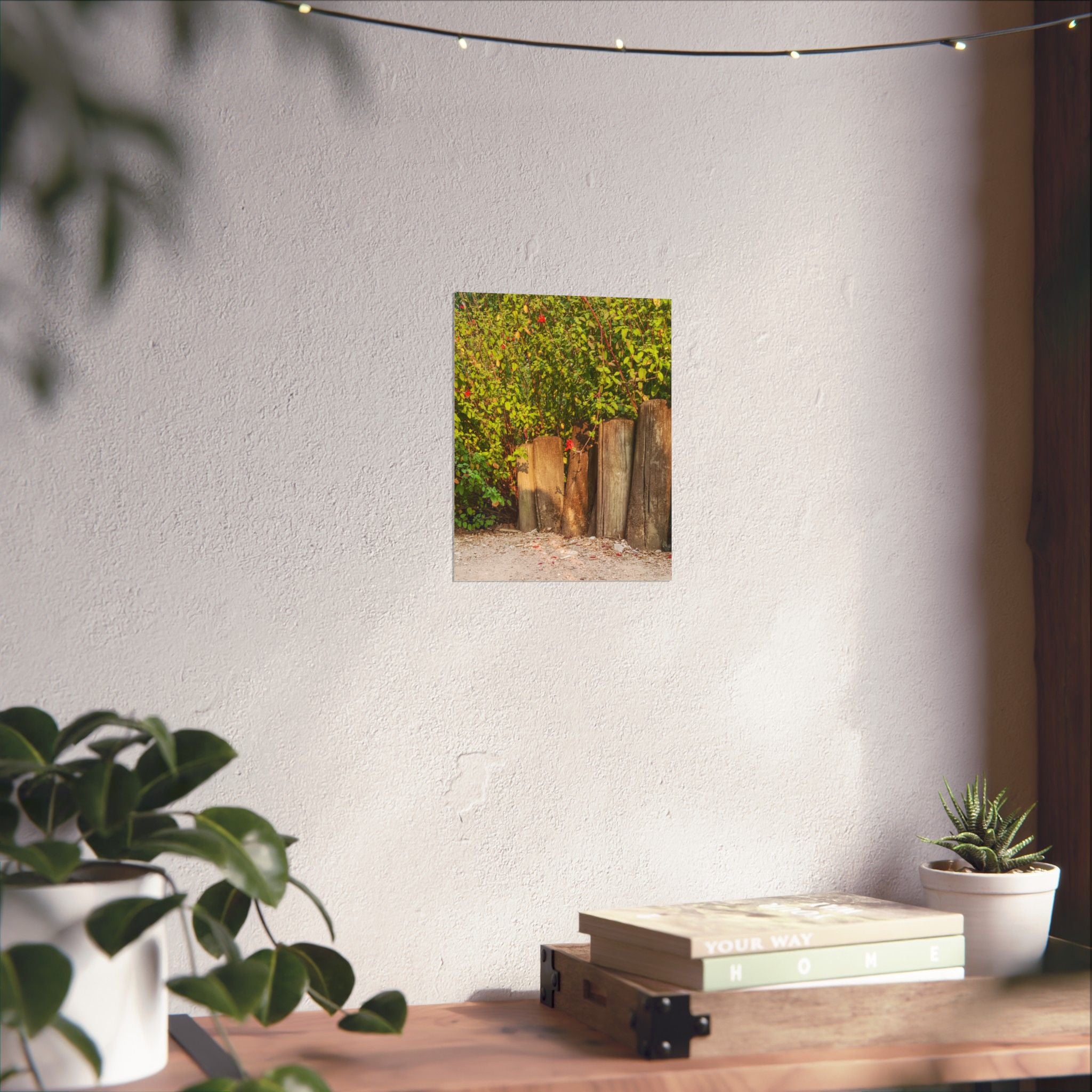 Woodland Garden Vertical Poster — Rustic Tree Stump & Greenery Matte Print