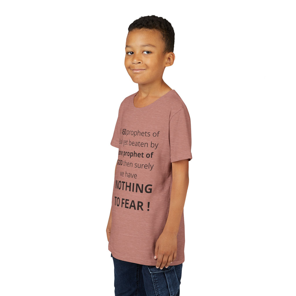 Youth T-Shirt — 1 Kings 18:27 “Don’t Fear Our God Is Strong” (Designed by 12-Year-Old)