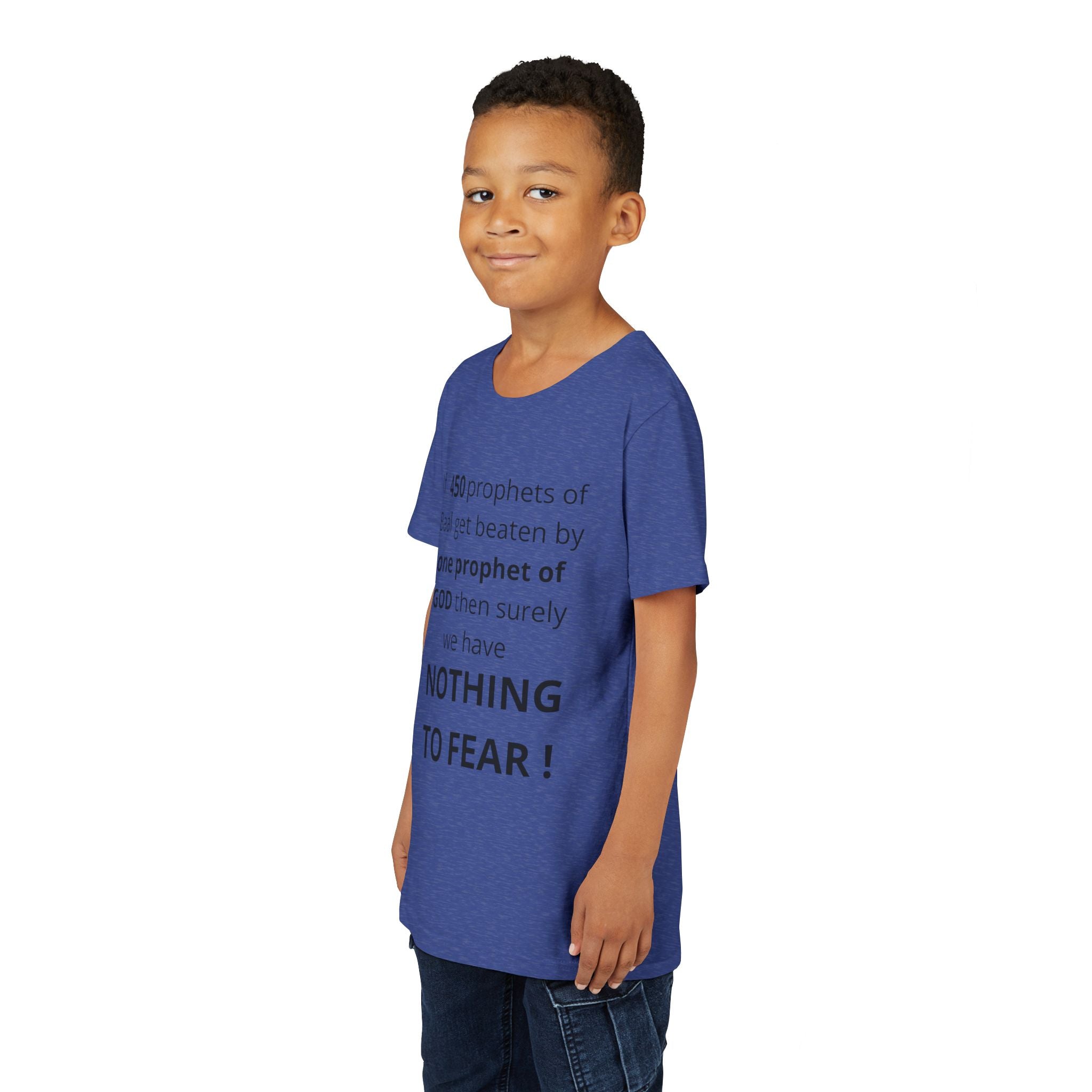 Youth T-Shirt — 1 Kings 18:27 “Don’t Fear Our God Is Strong” (Designed by 12-Year-Old)