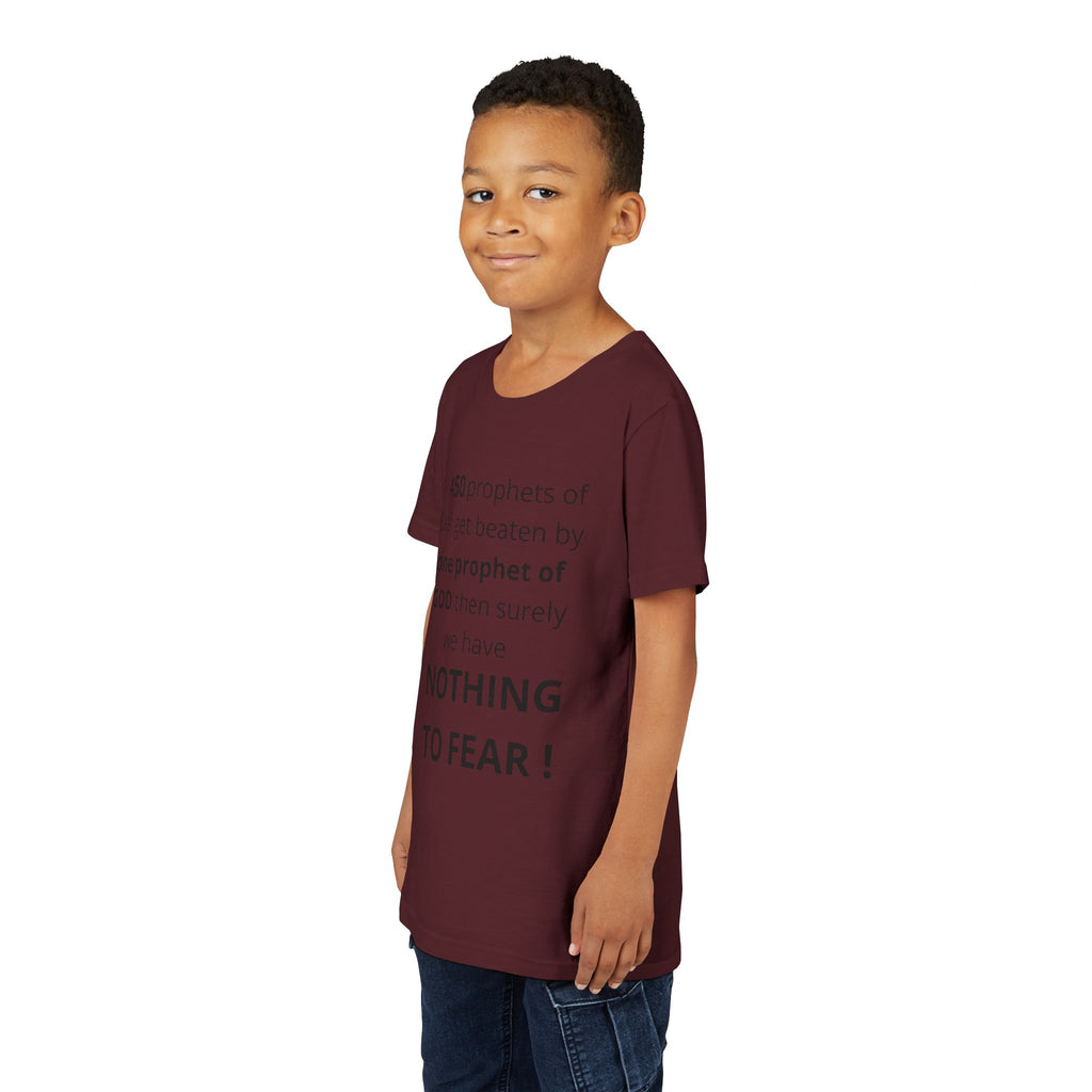 Youth T-Shirt — 1 Kings 18:27 “Don’t Fear Our God Is Strong” (Designed by 12-Year-Old)