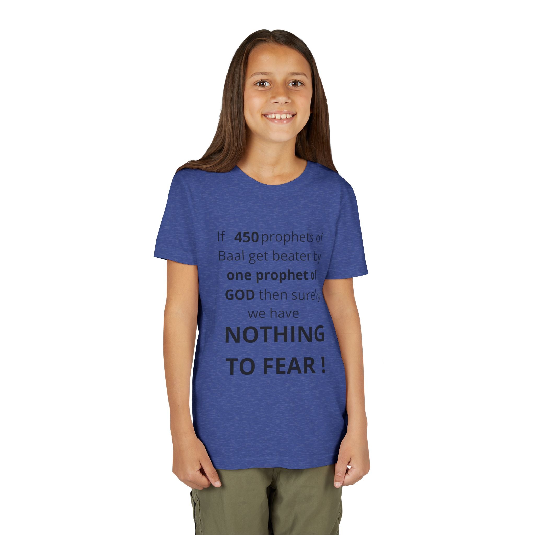 Youth T-Shirt — 1 Kings 18:27 “Don’t Fear Our God Is Strong” (Designed by 12-Year-Old)