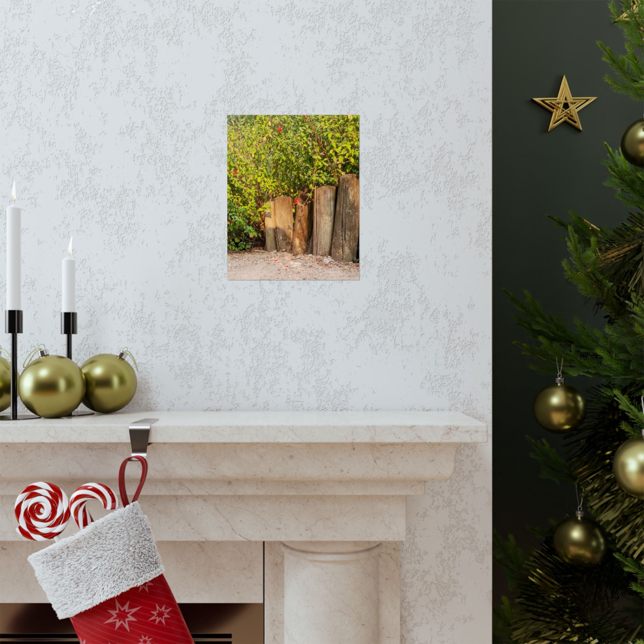 Woodland Garden Vertical Poster — Rustic Tree Stump & Greenery Matte Print