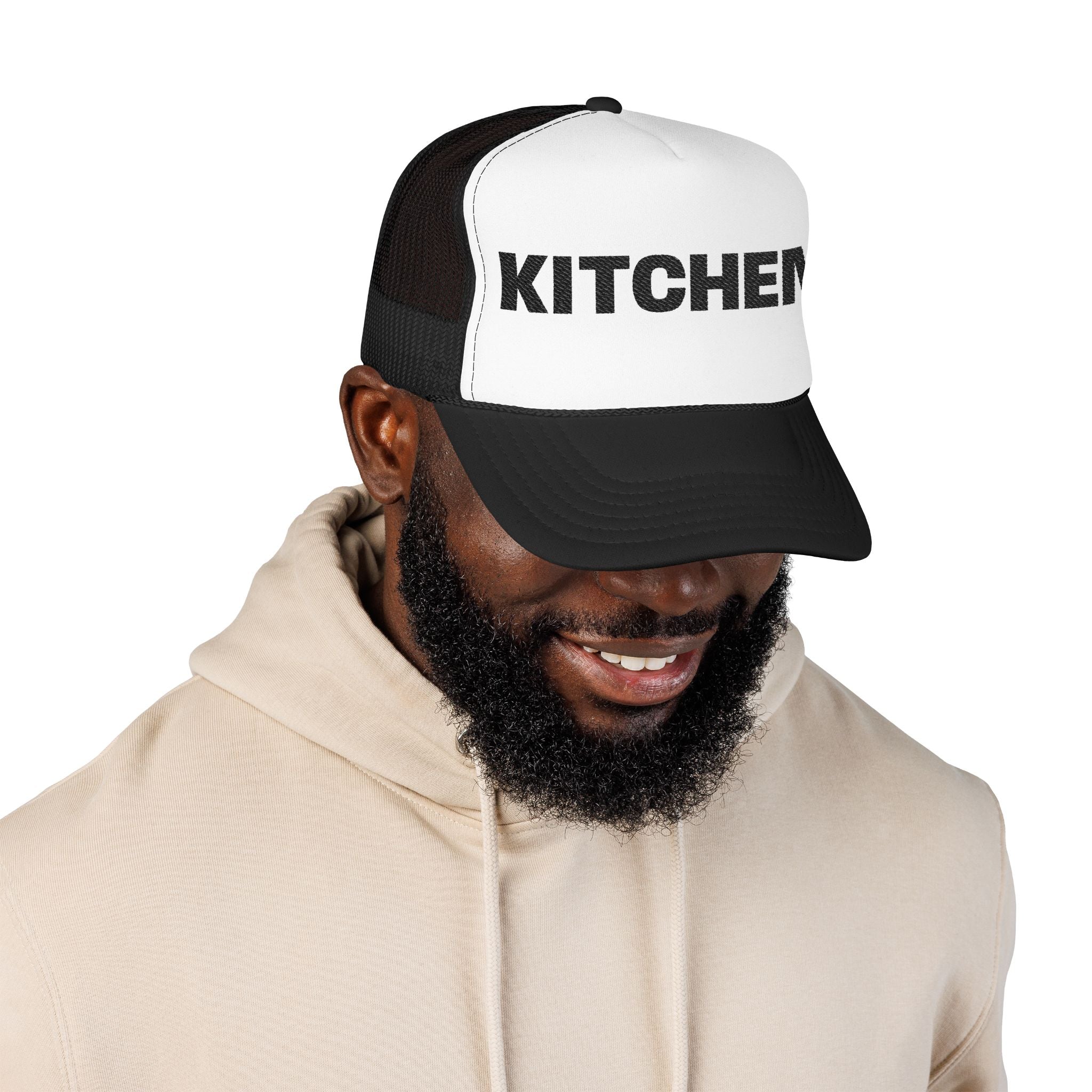 Kitchen Trucker Hat — Retro Foam Front Cap with Bold 'KITCHEN' Text