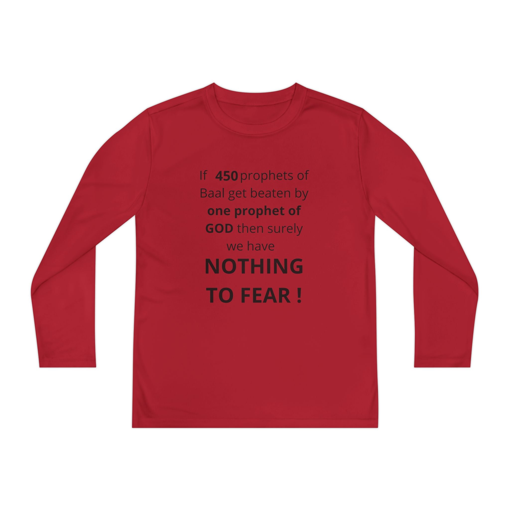 Youth Long Sleeve Tee — "Nothing to Fear" (1 Kings 18:27) — Kid-Designed Christian Tee