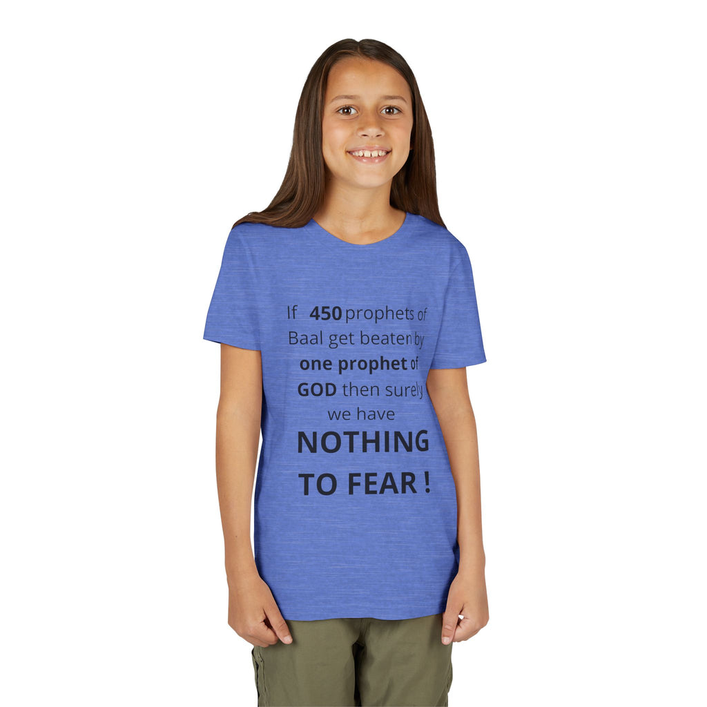 Youth T-Shirt — 1 Kings 18:27 “Don’t Fear Our God Is Strong” (Designed by 12-Year-Old)