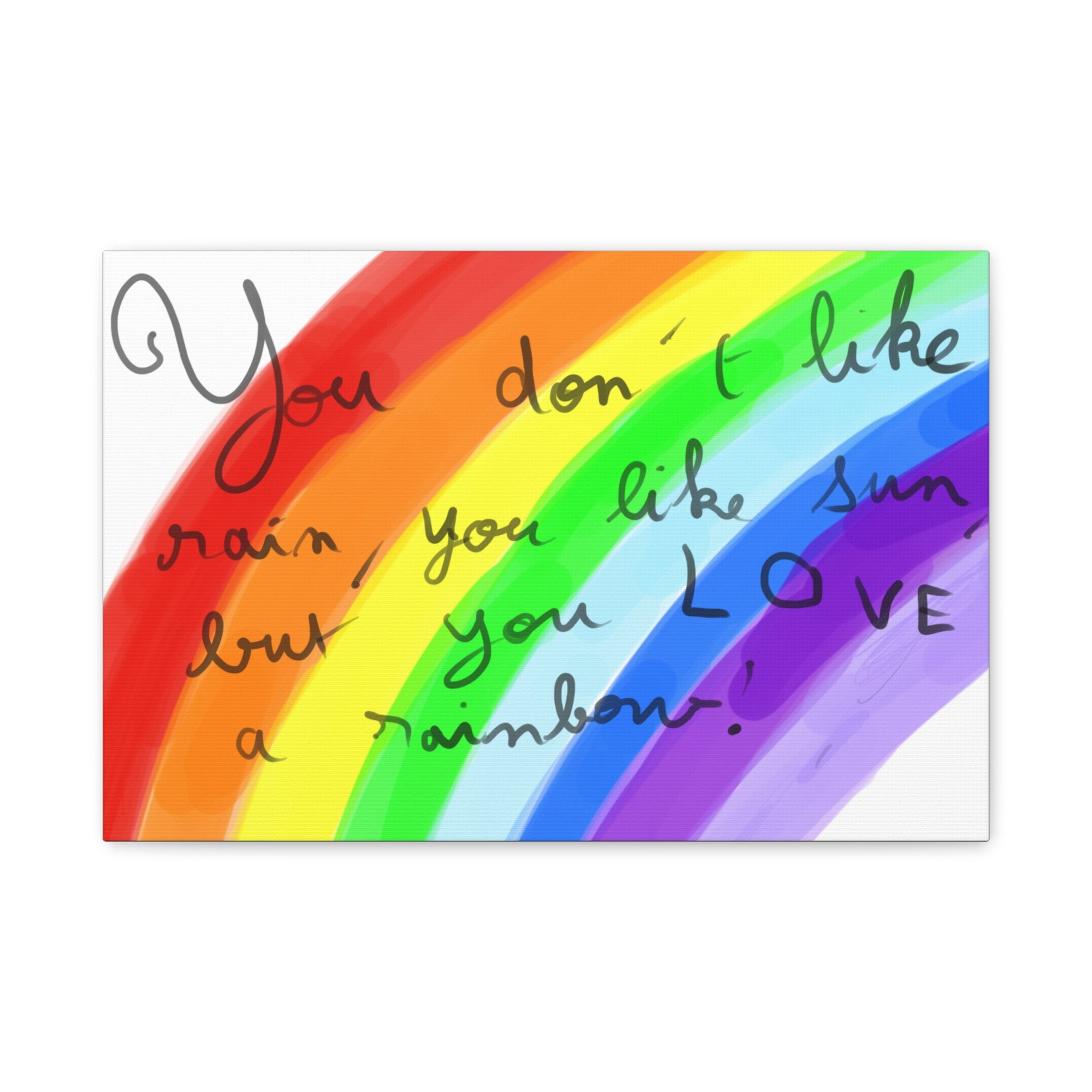Rainbow Quote and drawing from an eight year old child - Canvas Wall Art — "You don't like rain, you like sun, but you LOVE a rainbow"