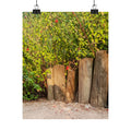 Woodland Garden Vertical Poster — Rustic Tree Stump & Greenery Matte Print