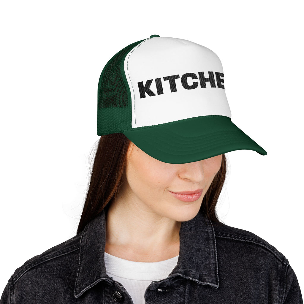 Kitchen Trucker Hat — Retro Foam Front Cap with Bold 'KITCHEN' Text