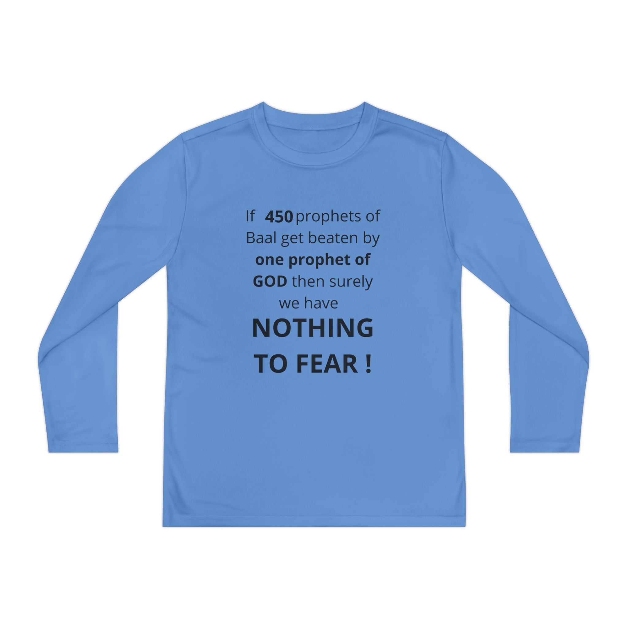 Youth Long Sleeve Tee — "Nothing to Fear" (1 Kings 18:27) — Kid-Designed Christian Tee