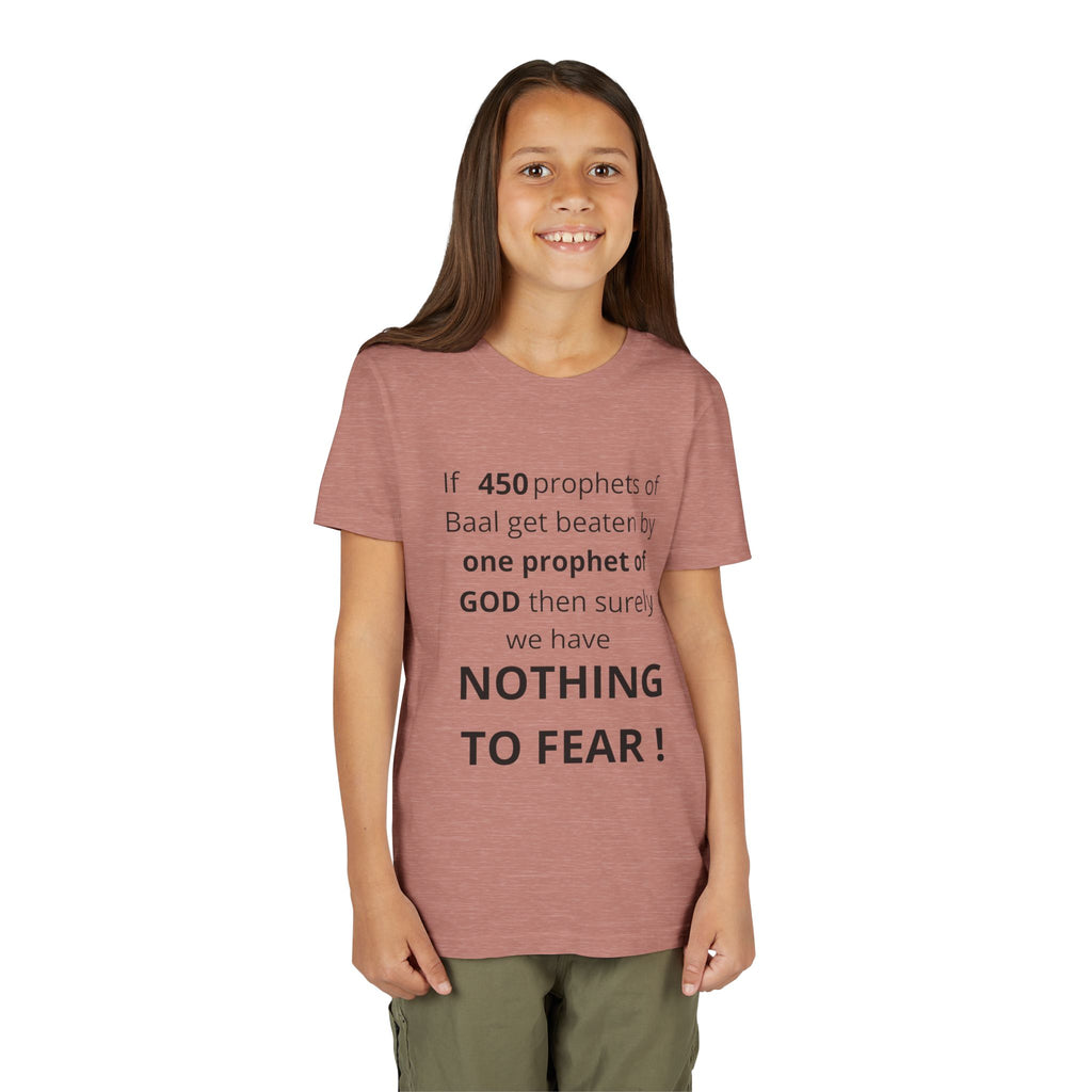 Youth T-Shirt — 1 Kings 18:27 “Don’t Fear Our God Is Strong” (Designed by 12-Year-Old)