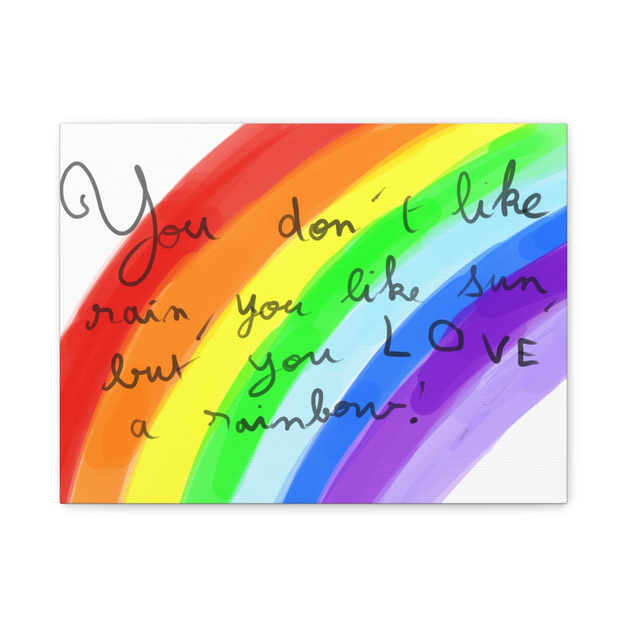 Rainbow Quote and drawing from an eight year old child - Canvas Wall Art — "You don't like rain, you like sun, but you LOVE a rainbow"