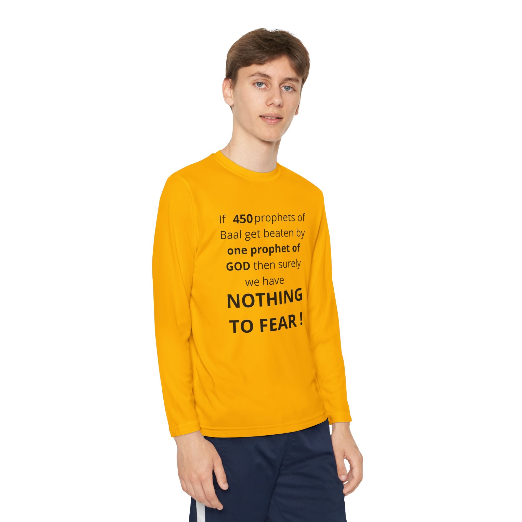 Youth Long Sleeve Tee — "Nothing to Fear" (1 Kings 18:27) — Kid-Designed Christian Tee