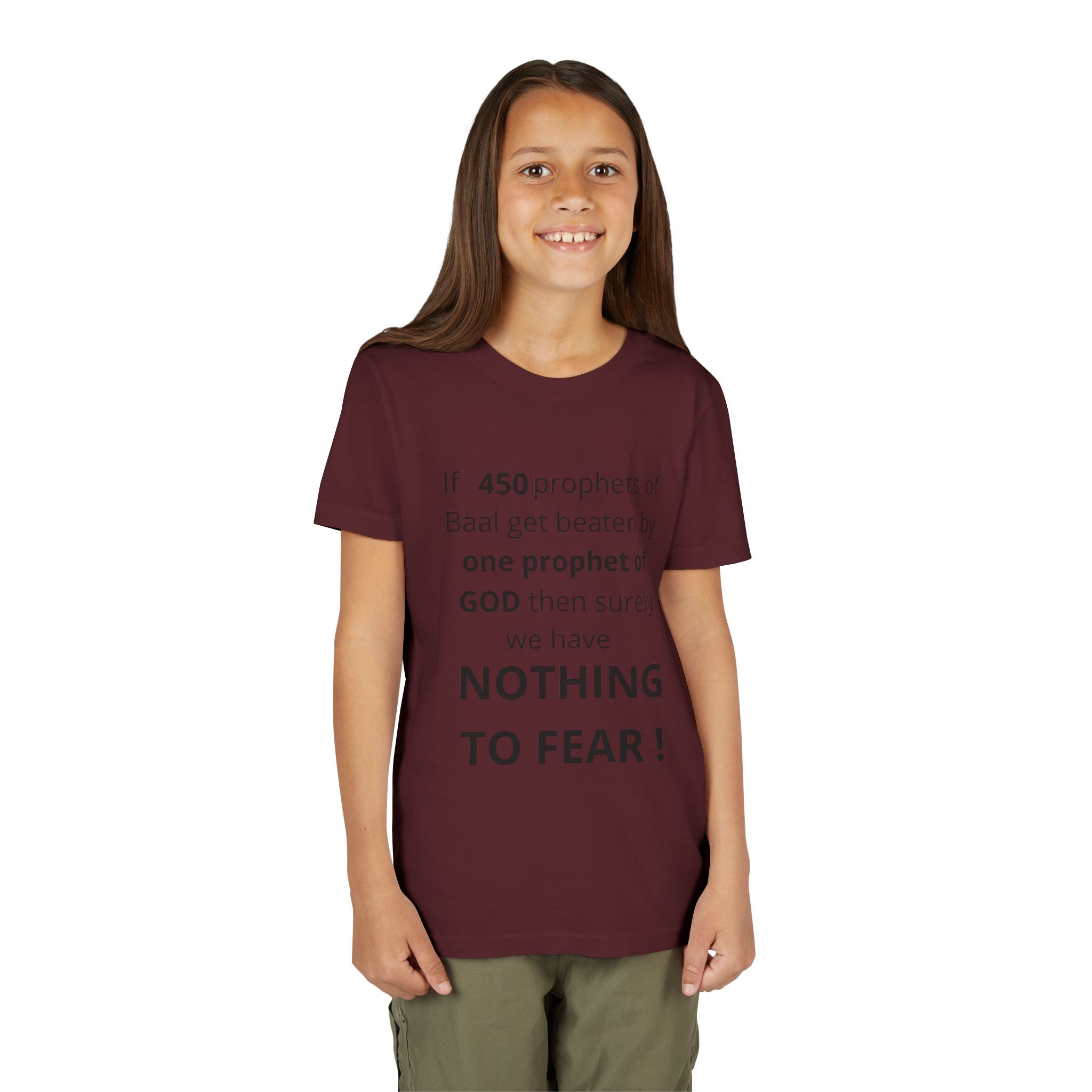 Youth T-Shirt — 1 Kings 18:27 “Don’t Fear Our God Is Strong” (Designed by 12-Year-Old)