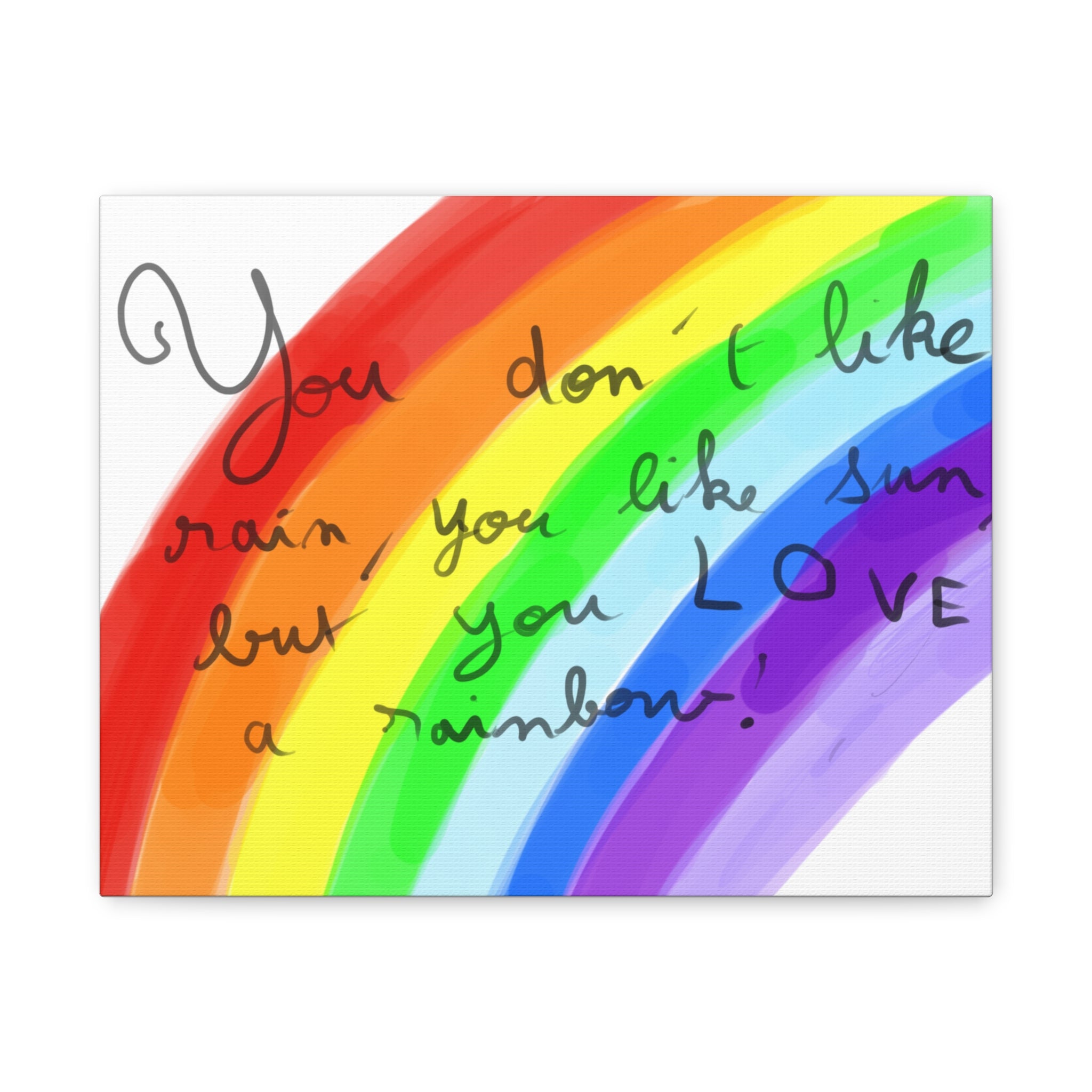 Rainbow Quote and drawing from an eight year old child - Canvas Wall Art — "You don't like rain, you like sun, but you LOVE a rainbow"