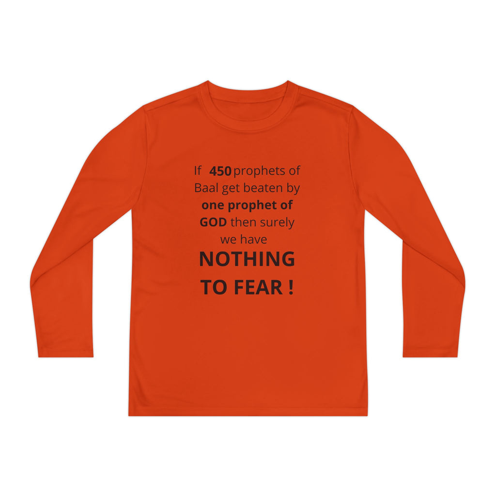 Youth Long Sleeve Tee — "Nothing to Fear" (1 Kings 18:27) — Kid-Designed Christian Tee