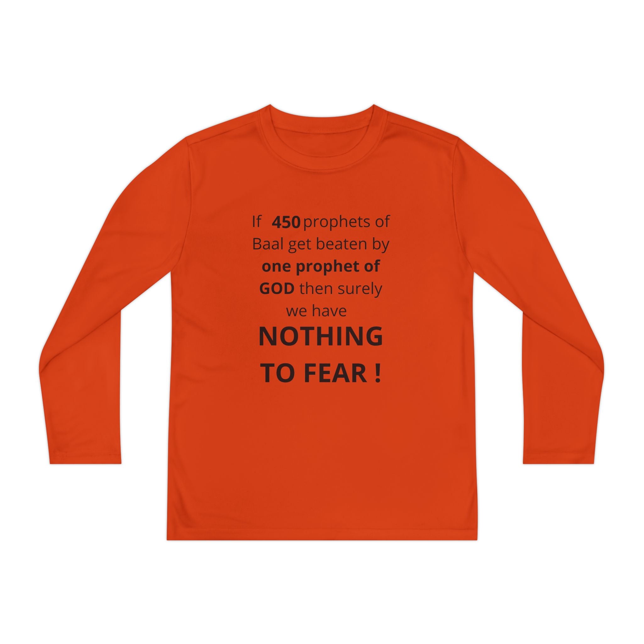Youth Long Sleeve Tee — "Nothing to Fear" (1 Kings 18:27) — Kid-Designed Christian Tee
