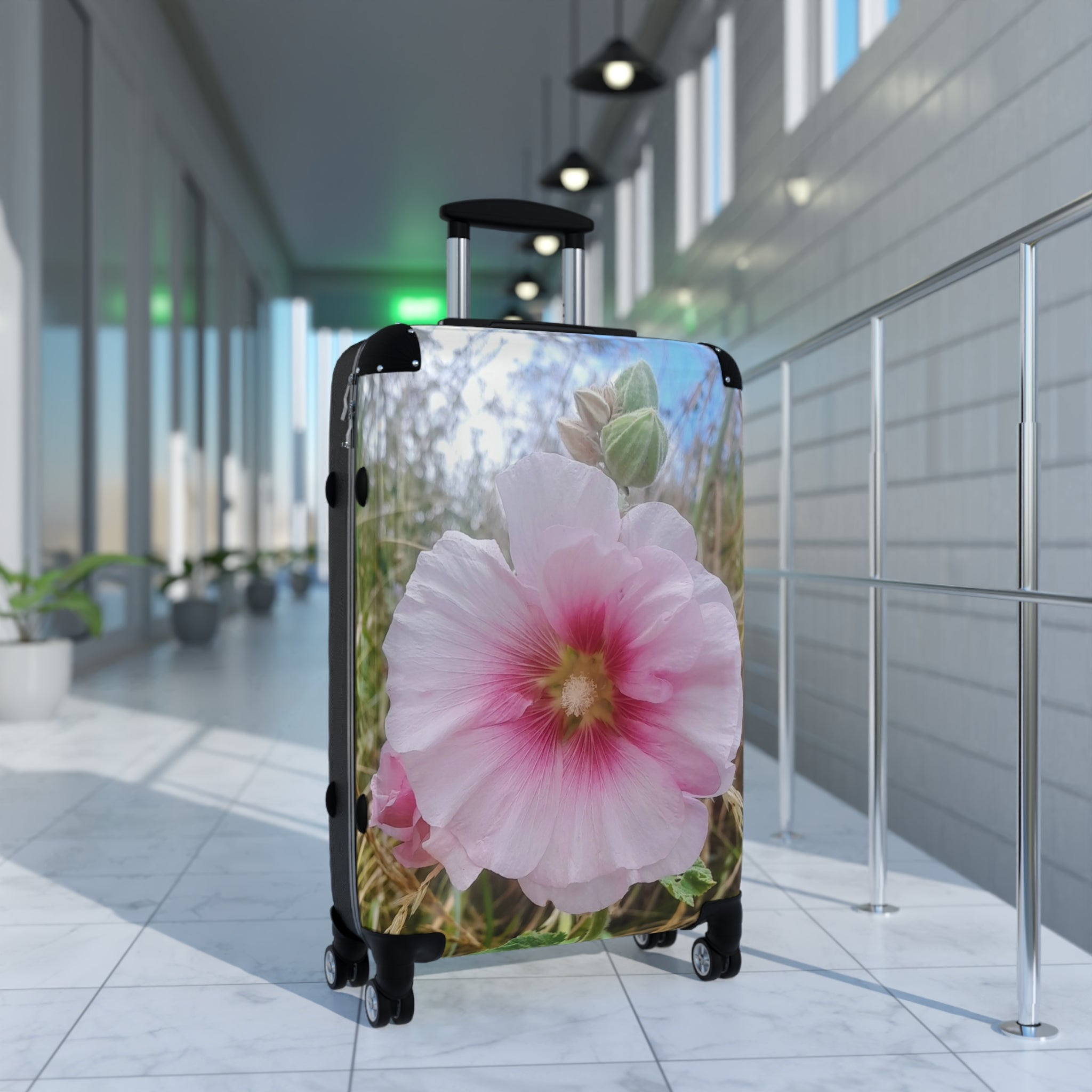 Pink Hollyhock Floral Suitcase – Soft Pastel Flower Carry-On Luggage