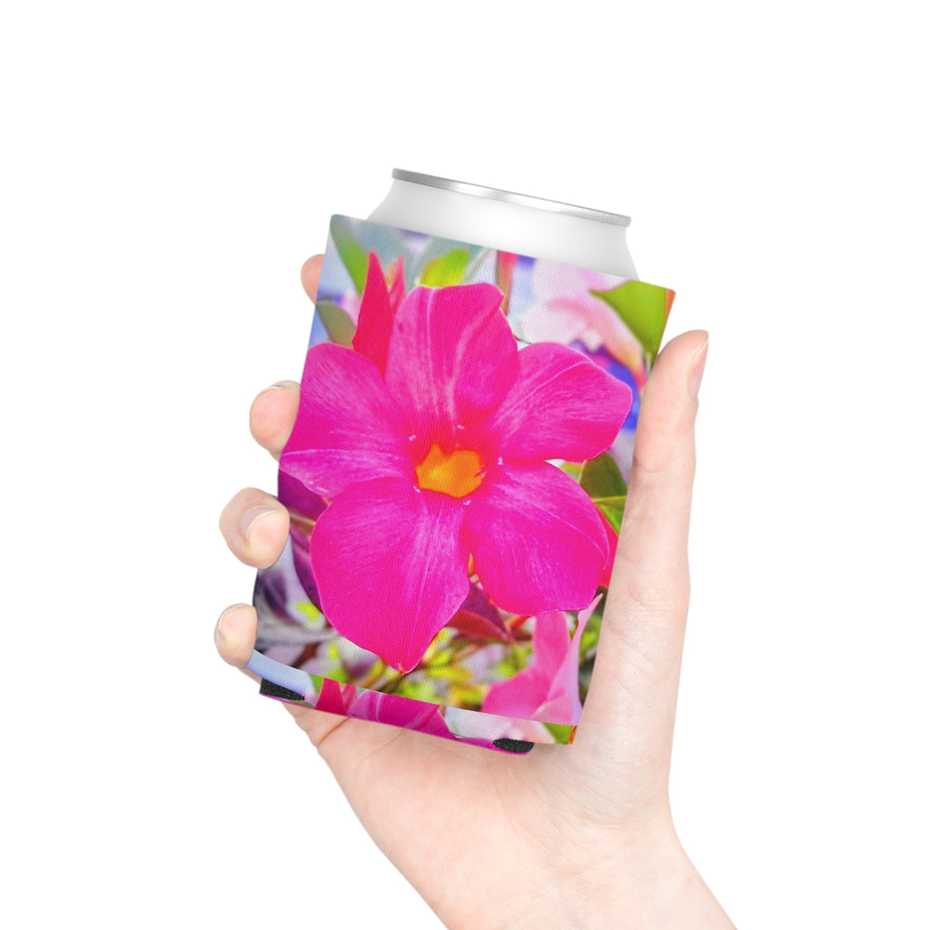 Pink Mandevilla Floral Can Cooler — Tropical Flower Drink Koozie