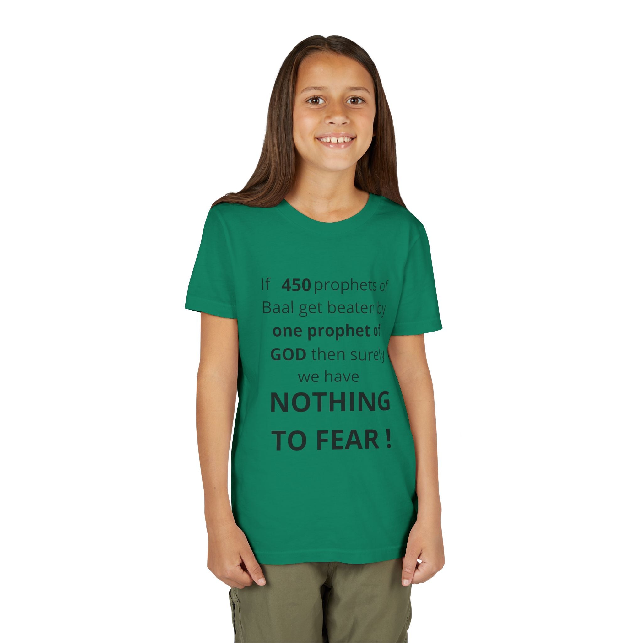 Youth T-Shirt — 1 Kings 18:27 “Don’t Fear Our God Is Strong” (Designed by 12-Year-Old)