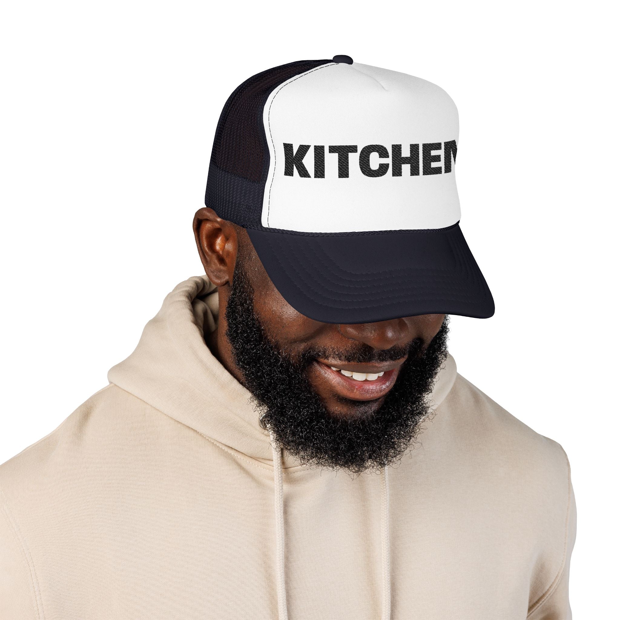 Kitchen Trucker Hat — Retro Foam Front Cap with Bold 'KITCHEN' Text