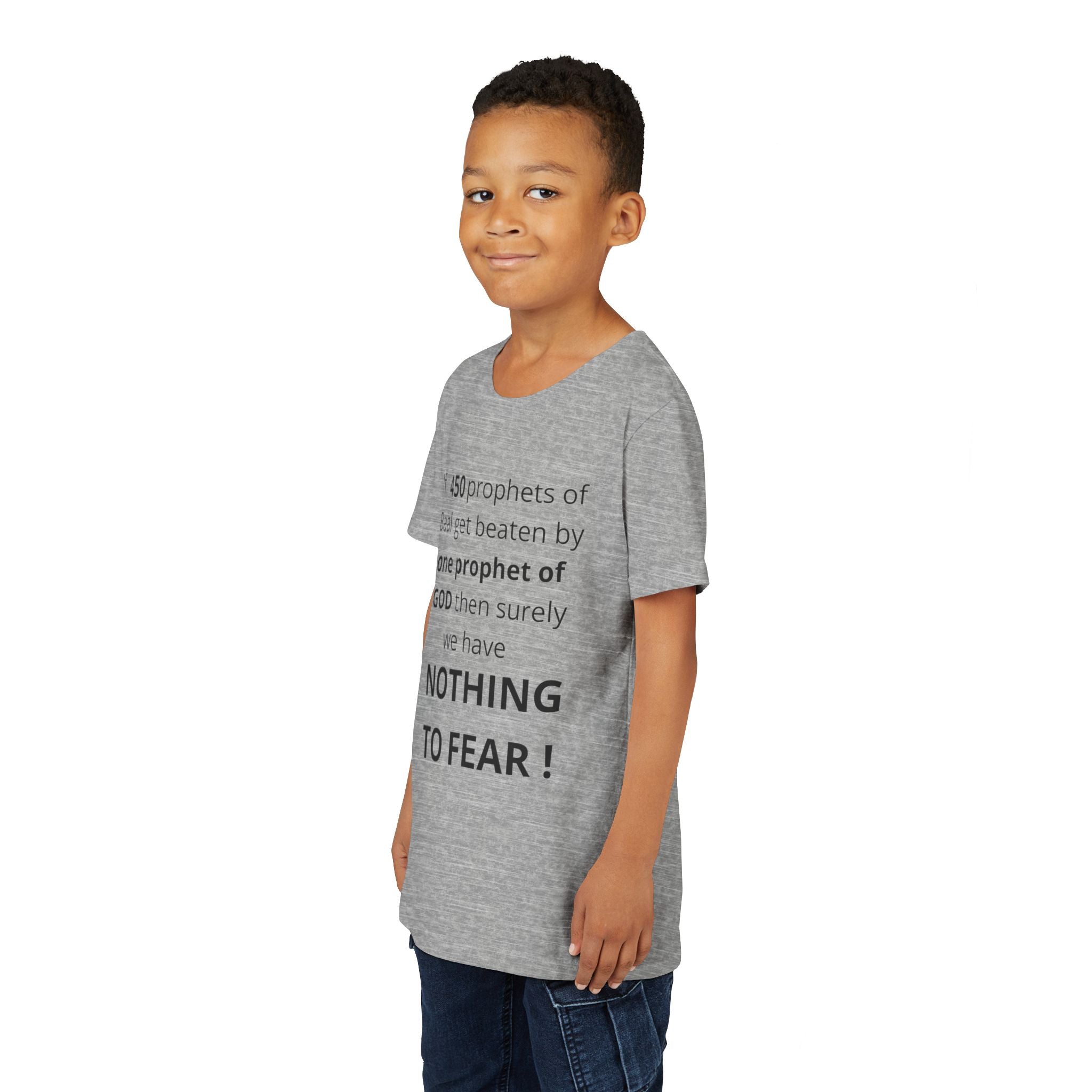 Youth T-Shirt — 1 Kings 18:27 “Don’t Fear Our God Is Strong” (Designed by 12-Year-Old)