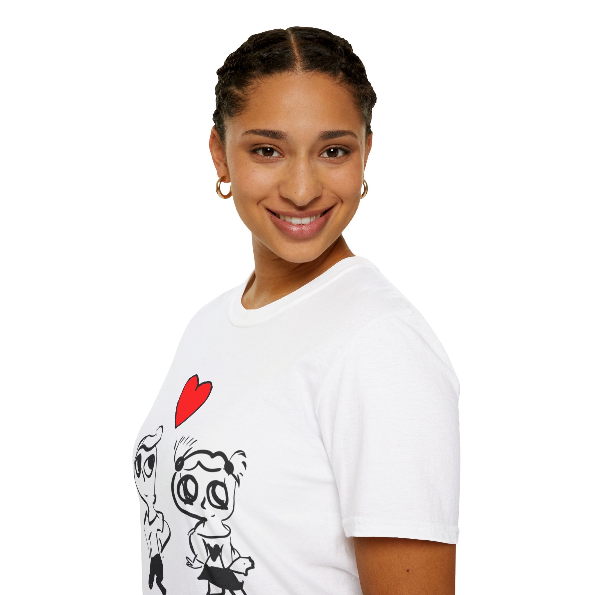 Romantic Cartoon Couple T-Shirt — Cute Heart Sketch Valentine Tee  hand-drawn
