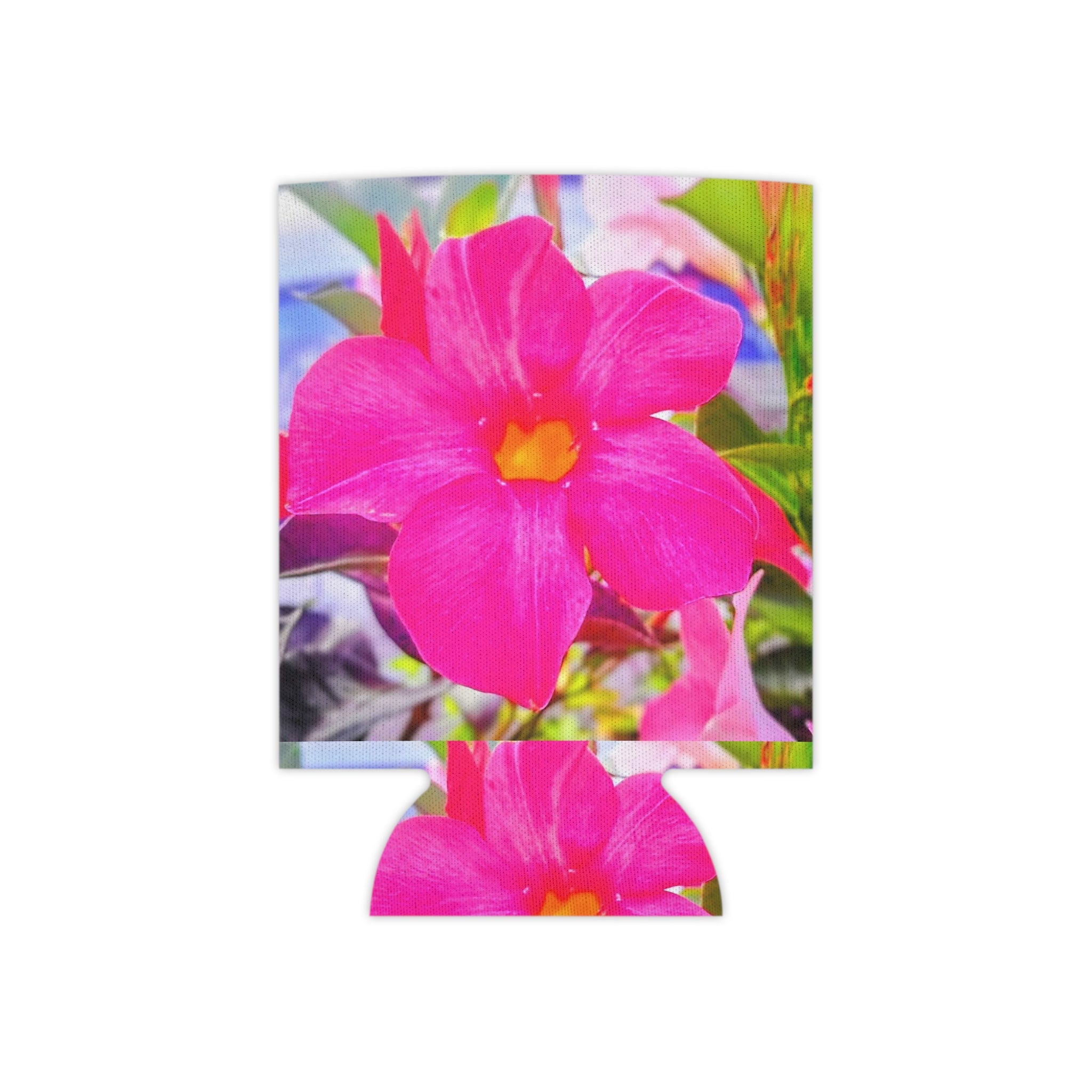Pink Mandevilla Floral Can Cooler — Tropical Flower Drink Koozie
