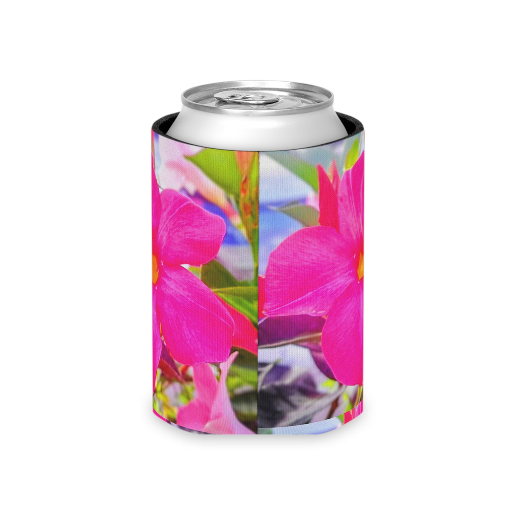 Pink Mandevilla Floral Can Cooler — Tropical Flower Drink Koozie