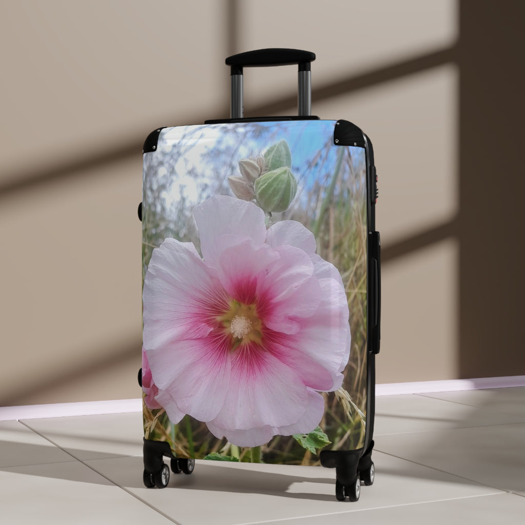 Pink Hollyhock Floral Suitcase – Soft Pastel Flower Carry-On Luggage