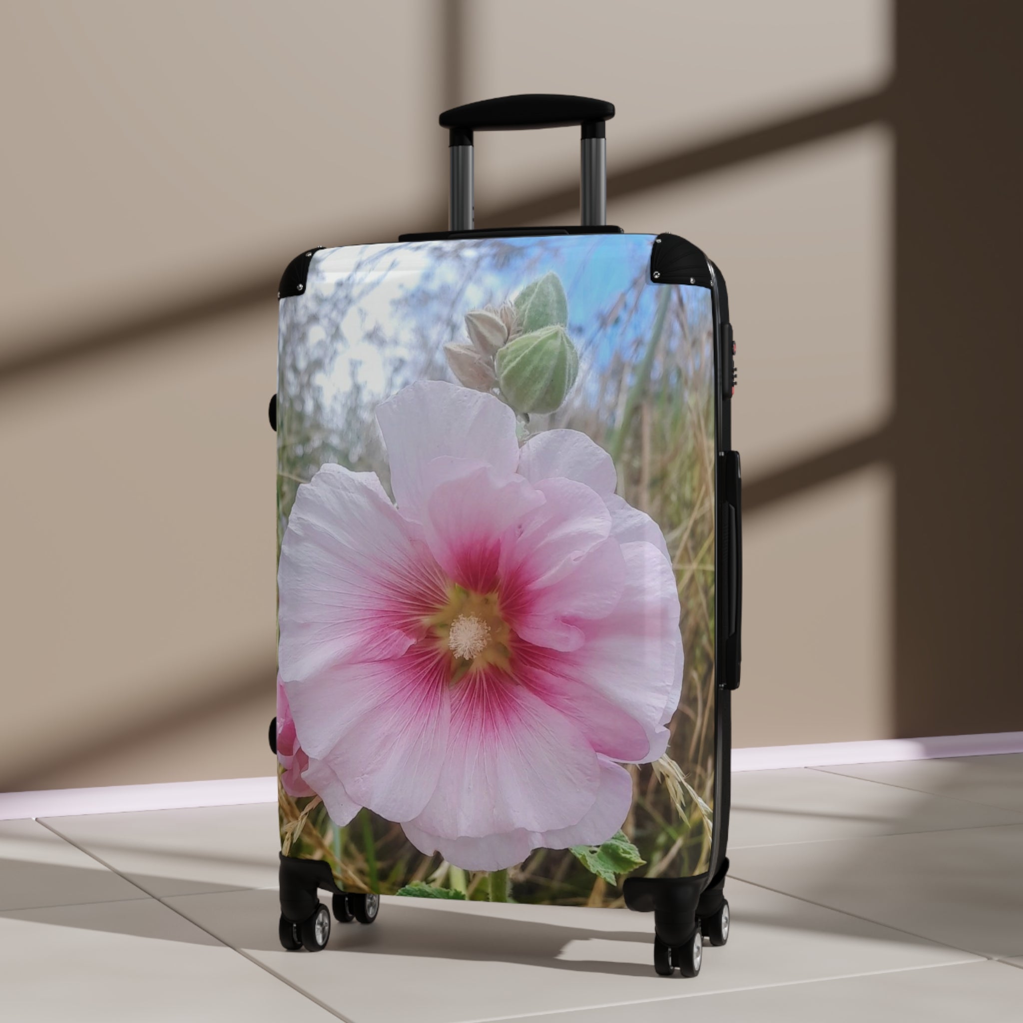 Pink Hollyhock Floral Suitcase – Soft Pastel Flower Carry-On Luggage