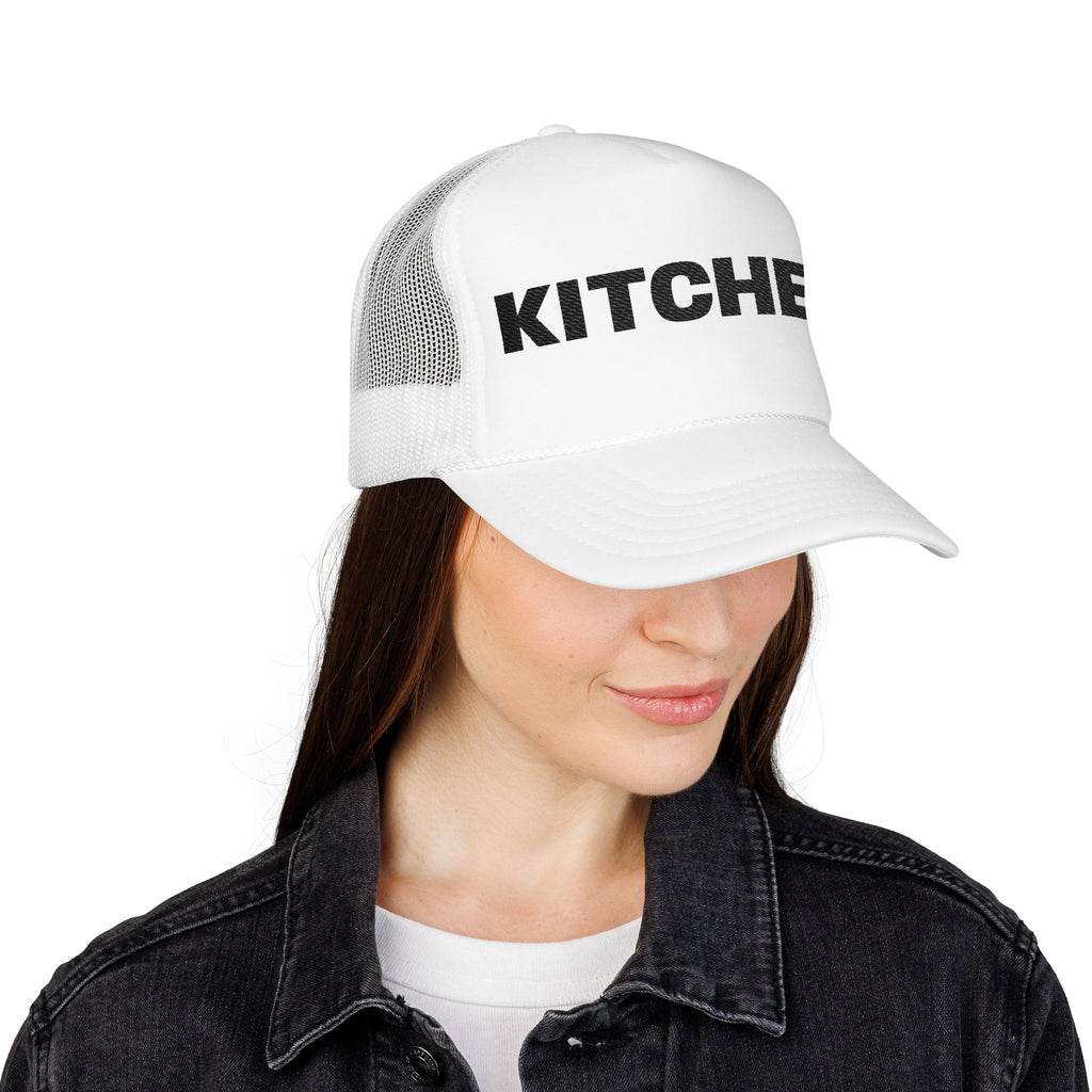 Kitchen Trucker Hat — Retro Foam Front Cap with Bold 'KITCHEN' Text