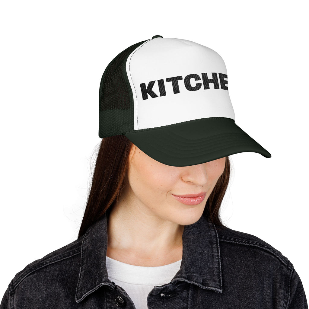 Kitchen Trucker Hat — Retro Foam Front Cap with Bold 'KITCHEN' Text