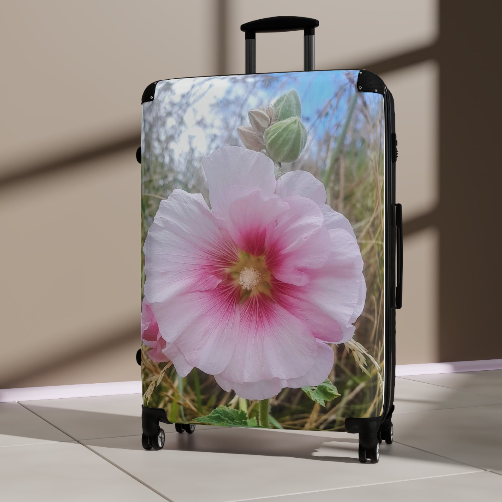 Pink Hollyhock Floral Suitcase – Soft Pastel Flower Carry-On Luggage